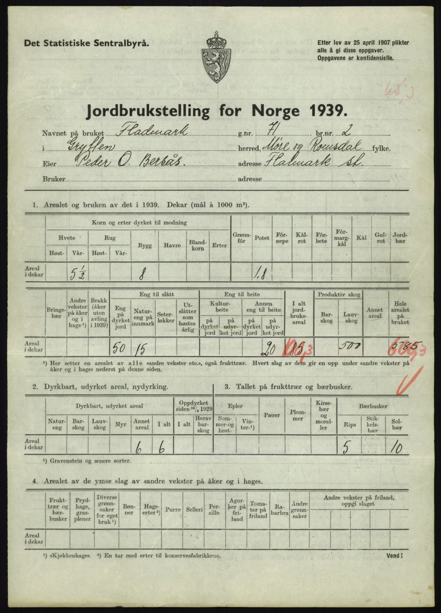 Statistisk sentralbyrå, Næringsøkonomiske emner, Jordbruk, skogbruk, jakt, fiske og fangst, AV/RA-S-2234/G/Gb/L0251: Møre og Romsdal: Voll, Eid, Grytten og Hen, 1939, s. 857