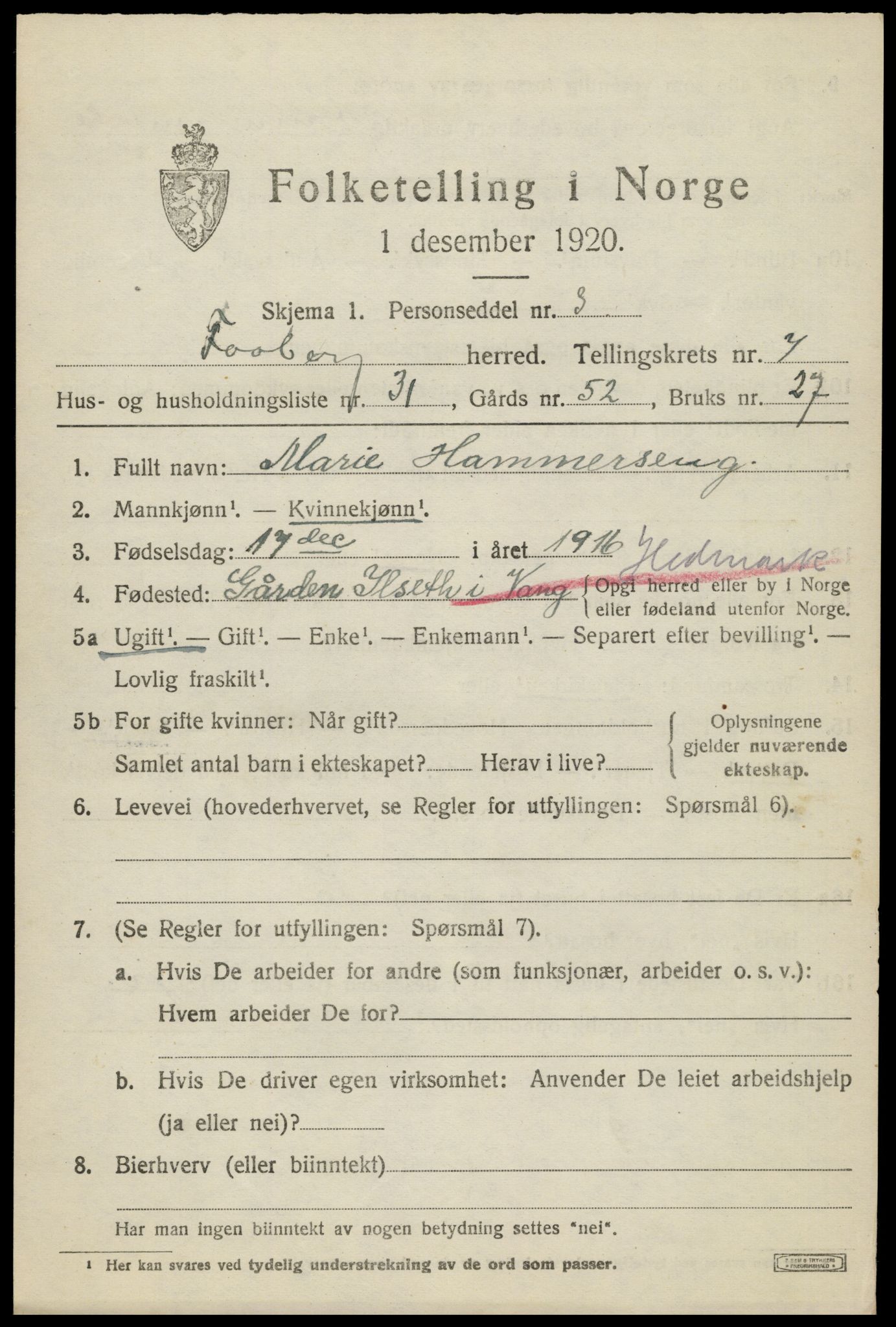 SAH, Folketelling 1920 for 0524 Fåberg herred, 1920, s. 8388
