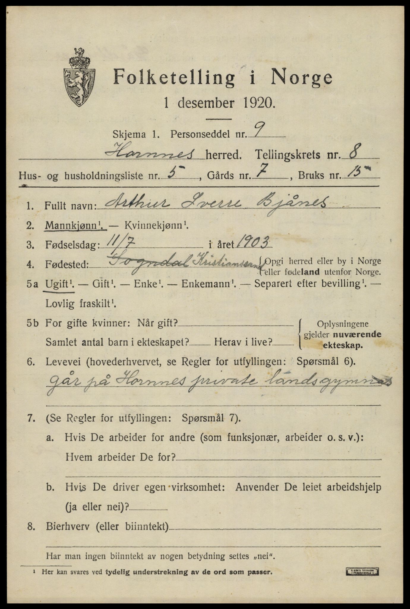 SAK, Folketelling 1920 for 0936 Hornnes herred, 1920, s. 1847
