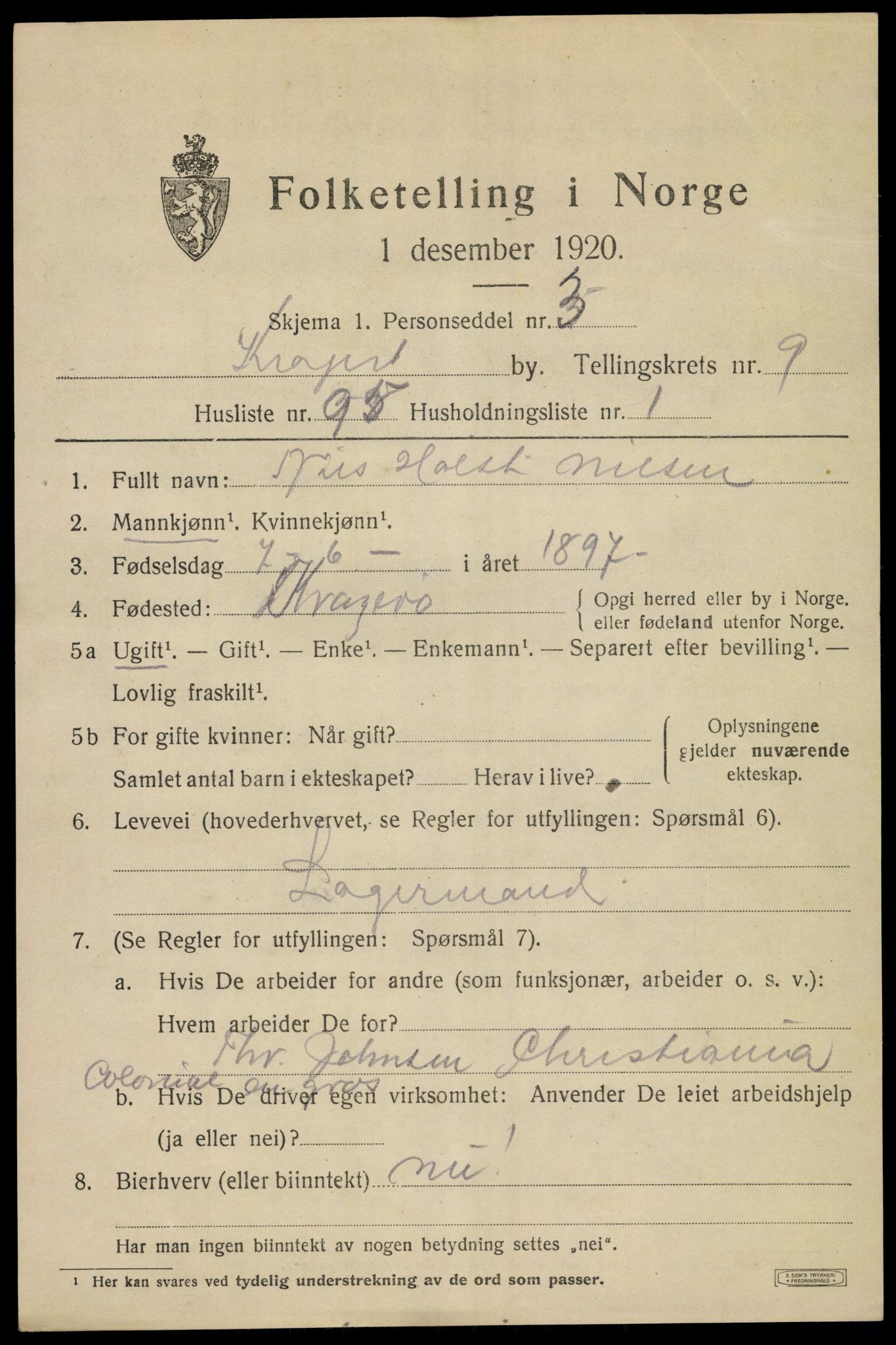 SAKO, Folketelling 1920 for 0801 Kragerø kjøpstad, 1920, s. 12997