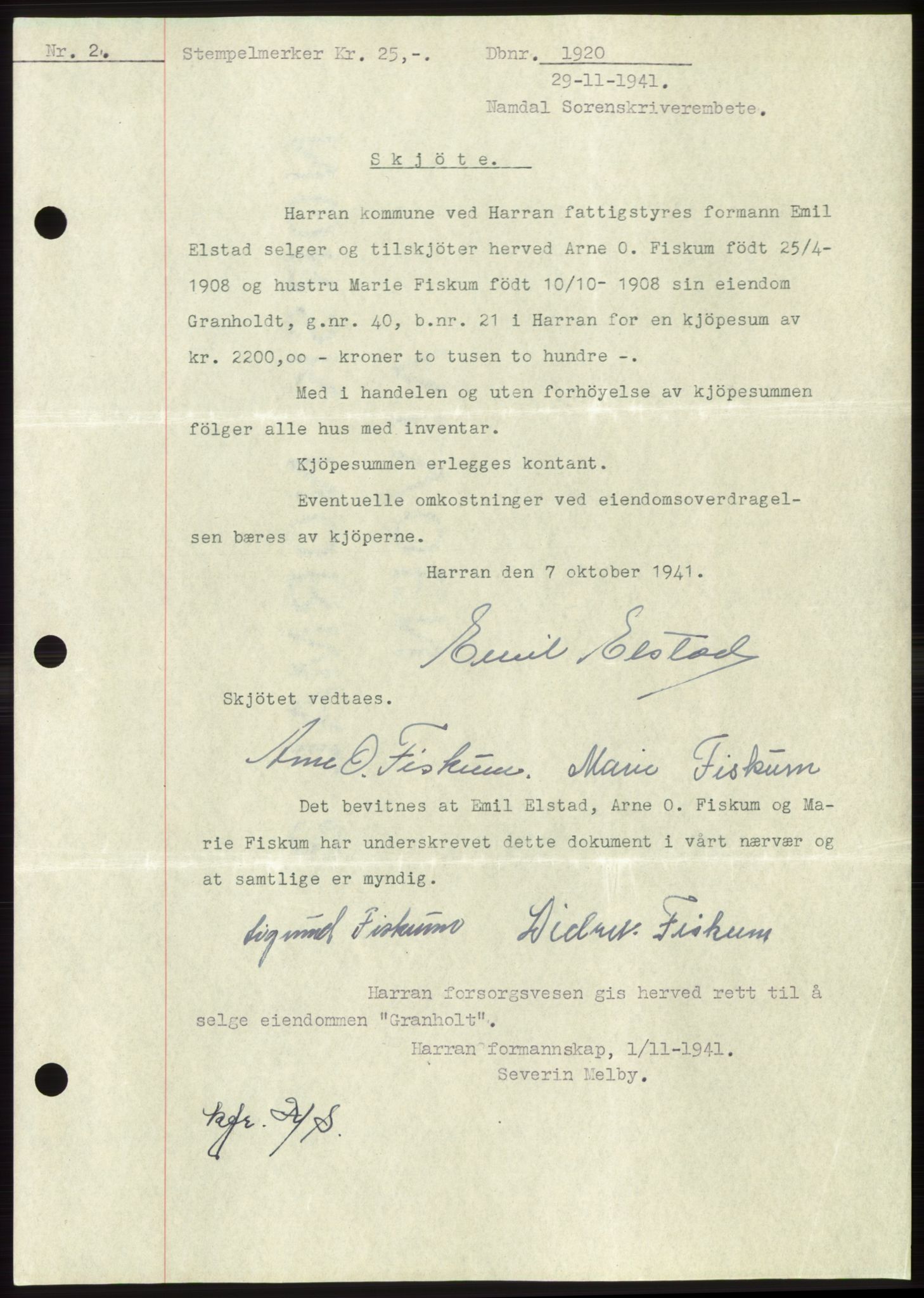 Namdal sorenskriveri, SAT/A-4133/1/2/2C: Pantebok nr. -, 1941-1942, Dagboknr: 1920/1941