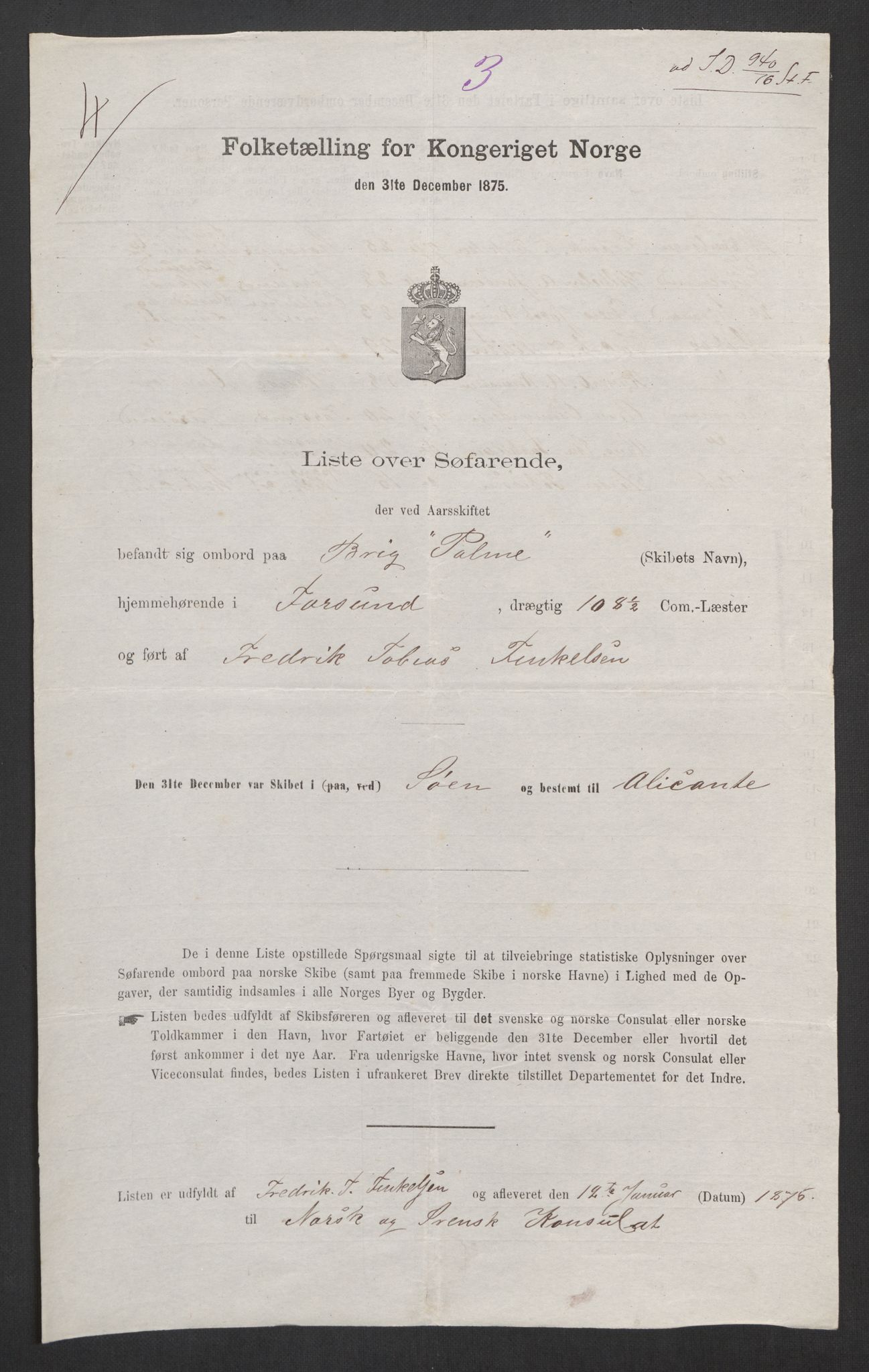 RA, Folketelling 1875, skipslister: Skip i utenrikske havner, hjemmehørende i 1) byer og ladesteder, Grimstad - Tromsø, 2) landdistrikter, 1875, s. 376