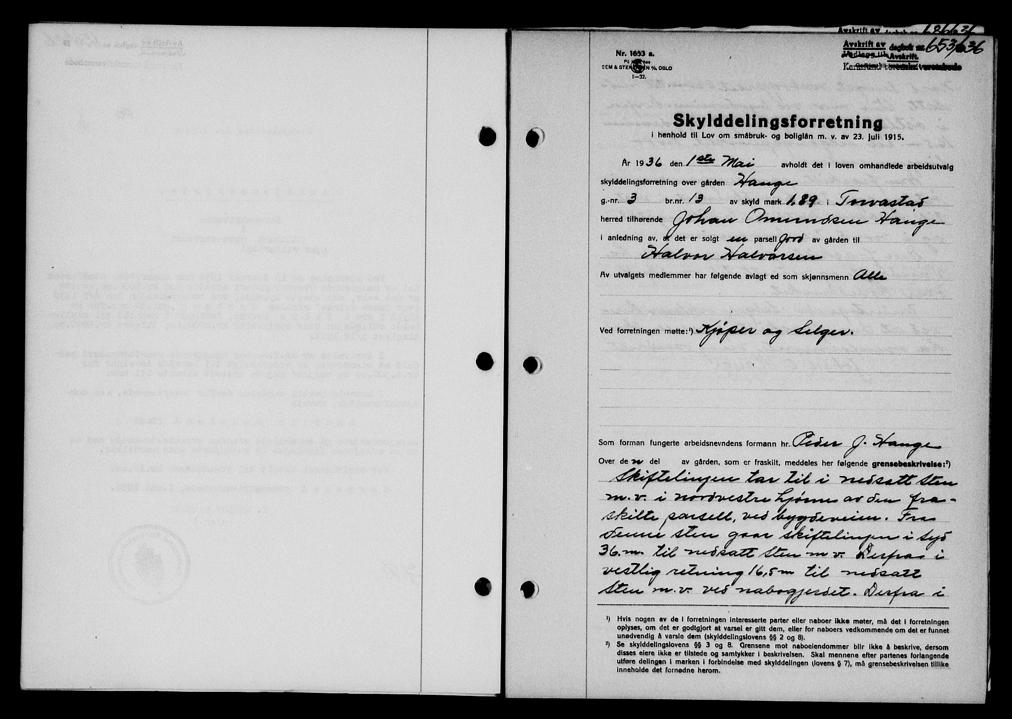 Karmsund sorenskriveri, SAST/A-100311/01/II/IIB/L0066: Pantebok nr. 47A, 1936-1936, Dagboknr: 653/1936