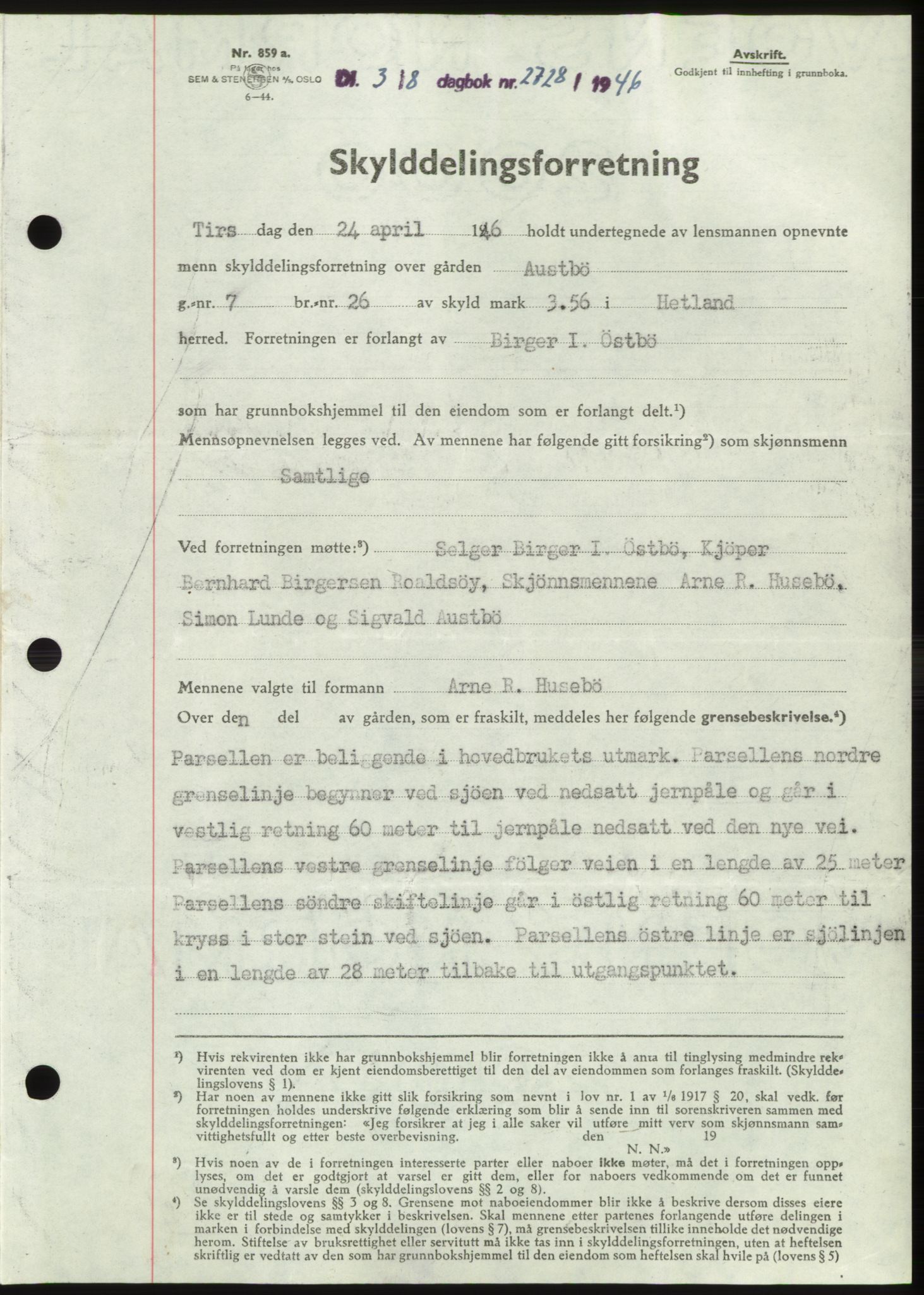 Jæren sorenskriveri, SAST/A-100310/03/G/Gba/L0091: Pantebok, 1946-1946, Dagboknr: 2728/1946