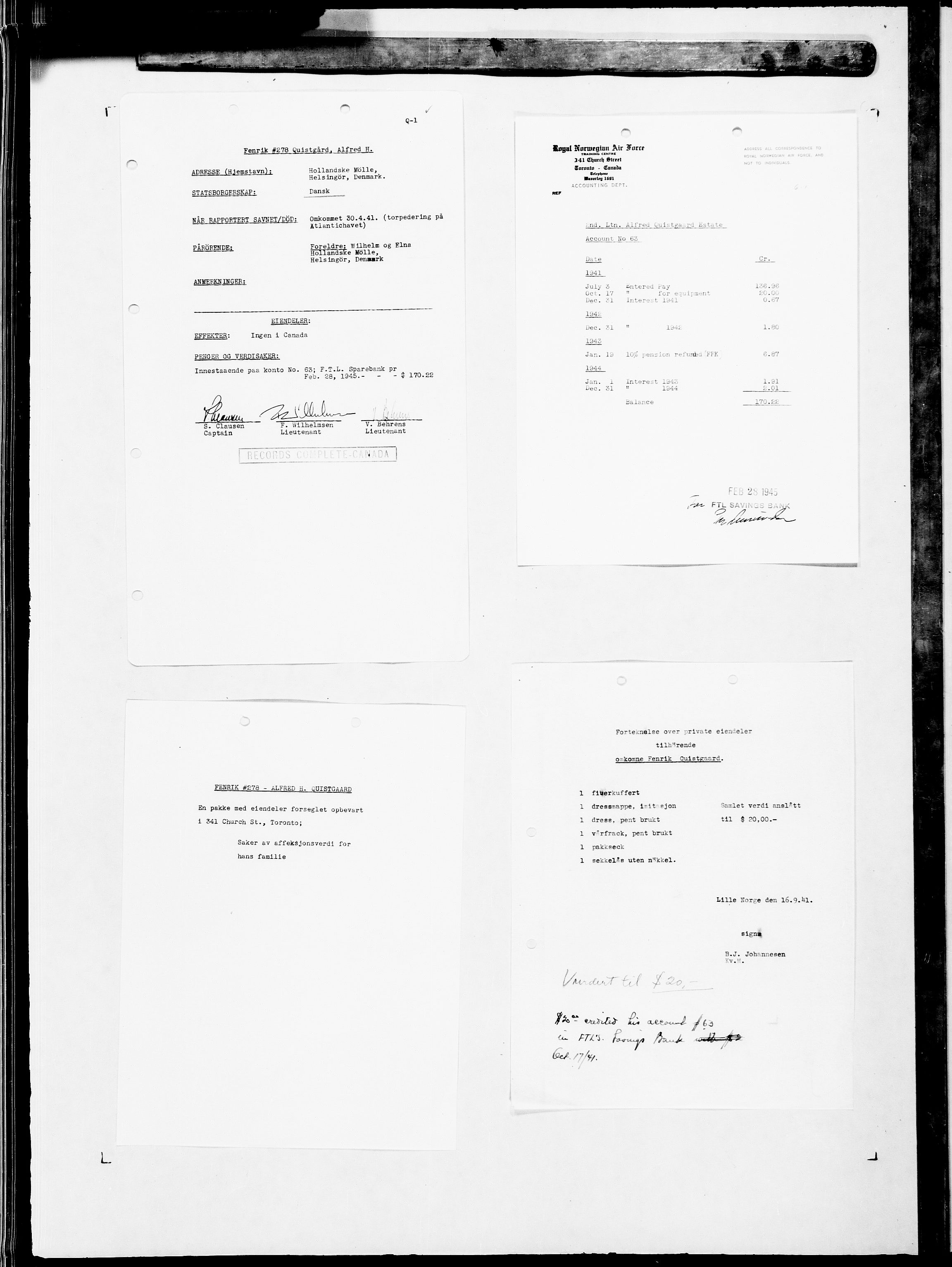Forsvaret, Flyvåpnenes treningsleir 1940-1945, AV/RA-RAFA-3974/V/L0076: Ekspedisjonskontoret.
"Estate File".  Gjelder disponering av avdødes eiendeler., 1940-1945
