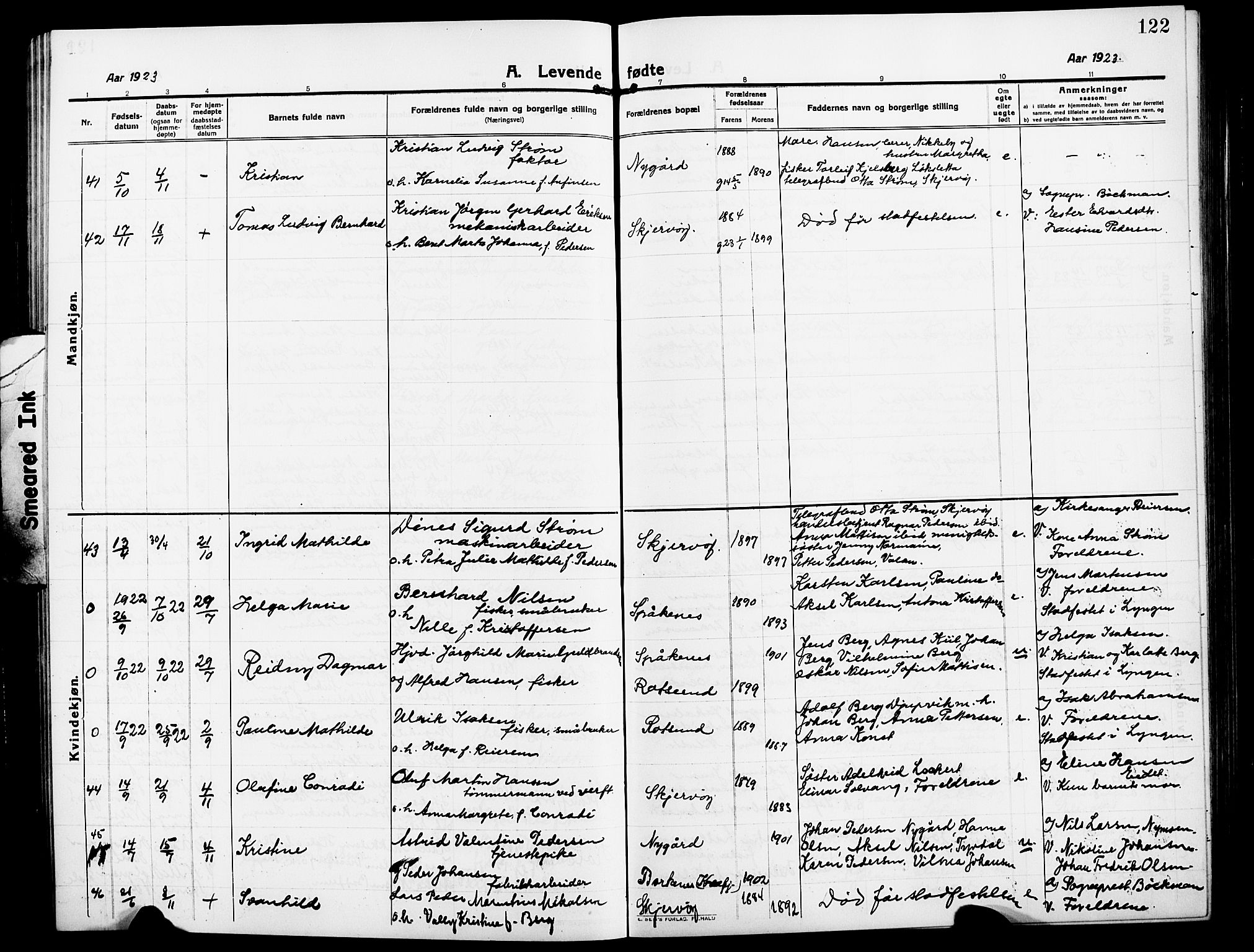 Skjervøy sokneprestkontor, AV/SATØ-S-1300/H/Ha/Hab/L0009klokker: Klokkerbok nr. 9, 1911-1926, s. 122