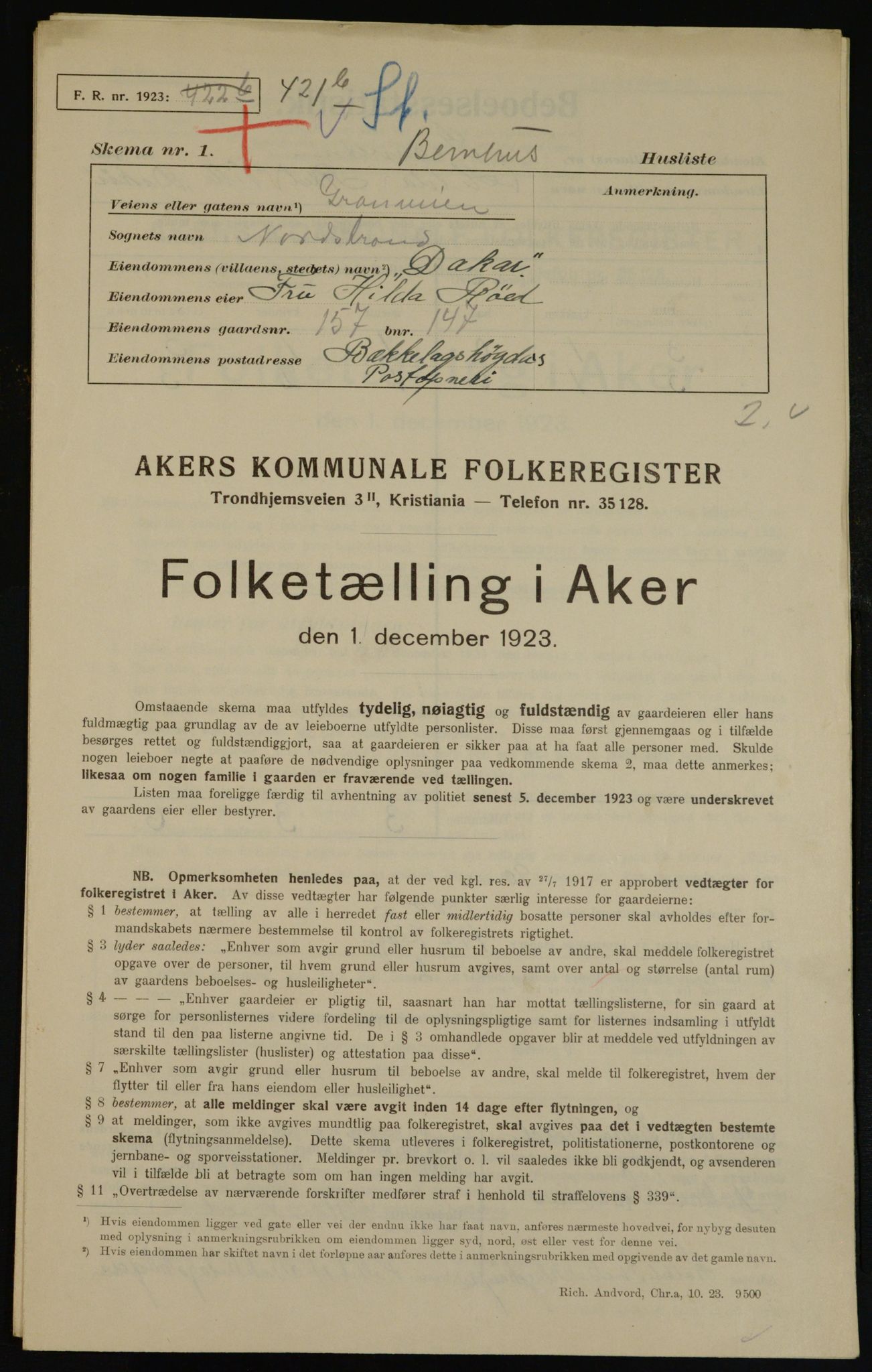 , Kommunal folketelling 1.12.1923 for Aker, 1923, s. 39145