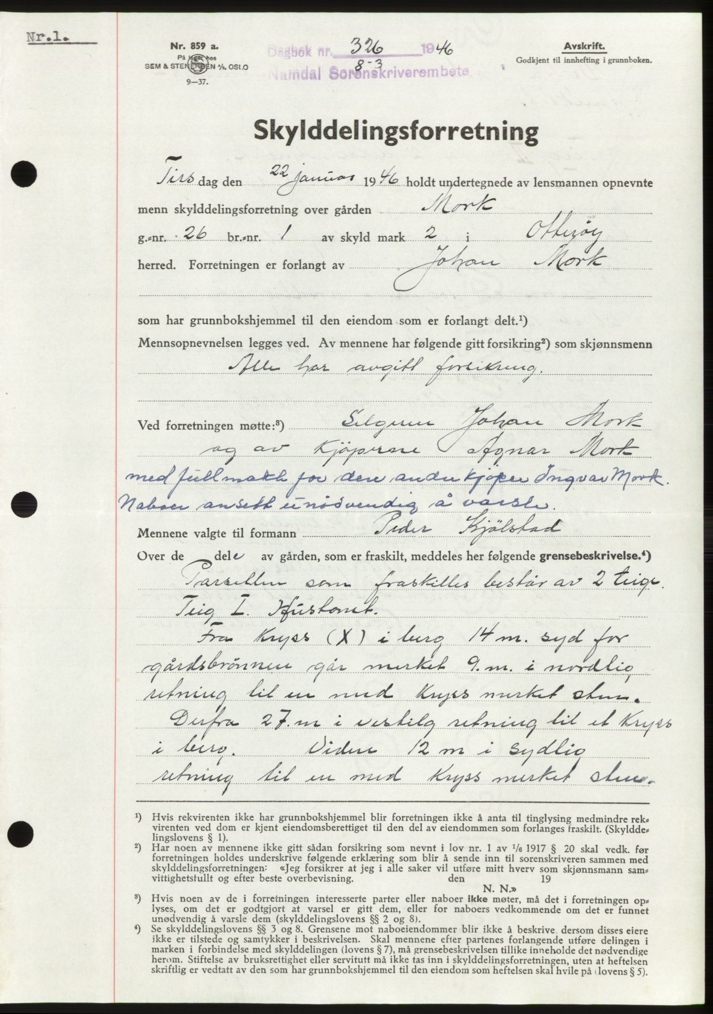 Namdal sorenskriveri, SAT/A-4133/1/2/2C: Pantebok nr. -, 1946-1946, Dagboknr: 326/1946