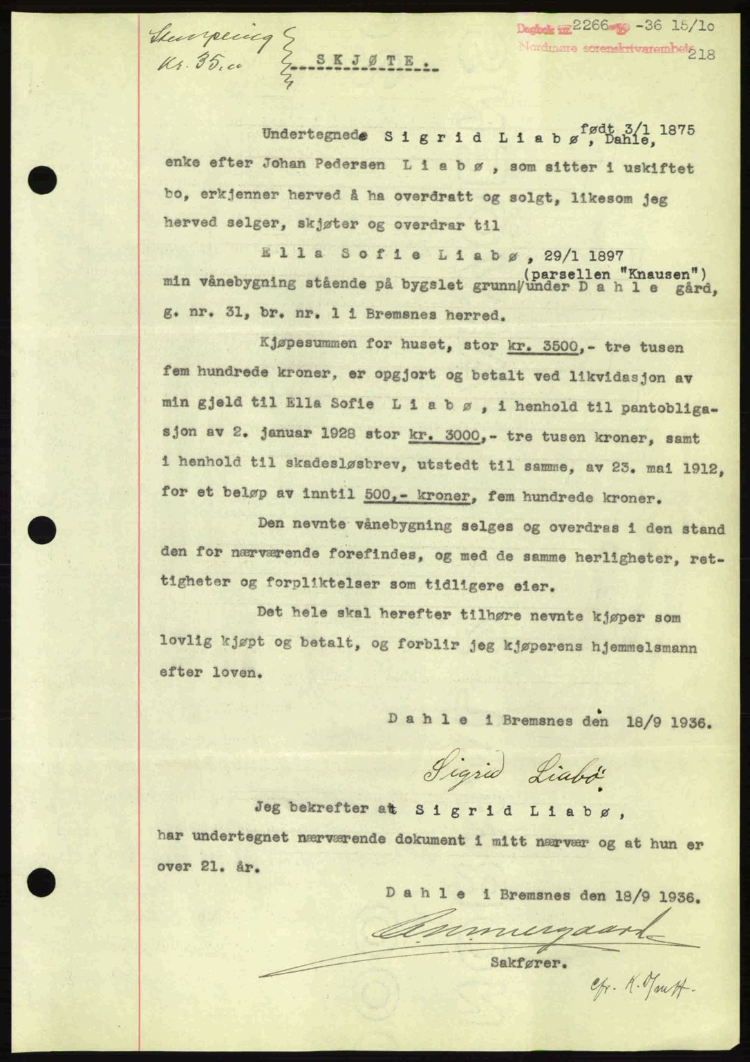 Nordmøre sorenskriveri, SAT/A-4132/1/2/2Ca: Pantebok nr. A80, 1936-1937, Dagboknr: 2266/1936
