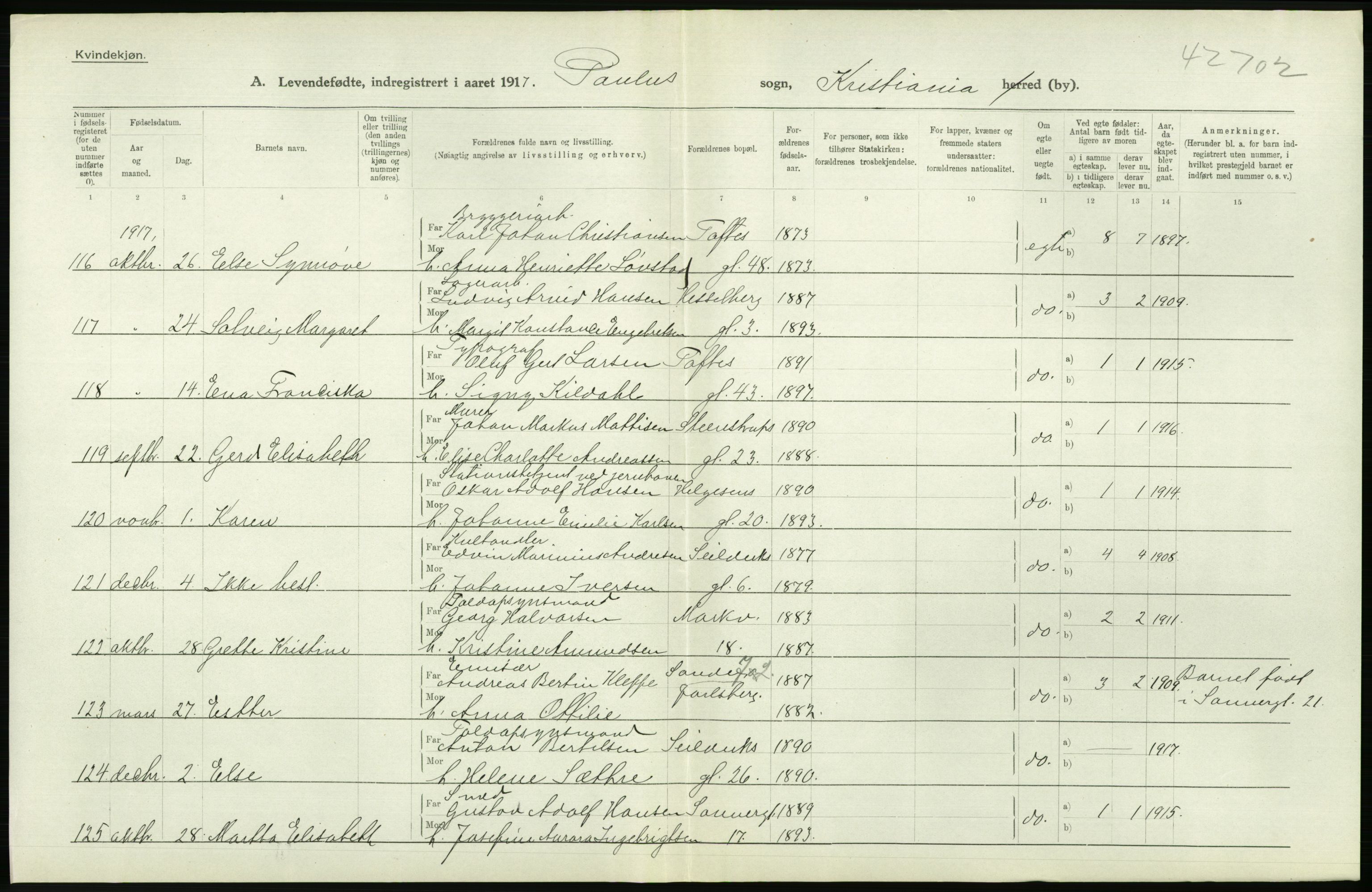 Statistisk sentralbyrå, Sosiodemografiske emner, Befolkning, RA/S-2228/D/Df/Dfb/Dfbg/L0006: Kristiania: Levendefødte menn og kvinner., 1917, s. 732