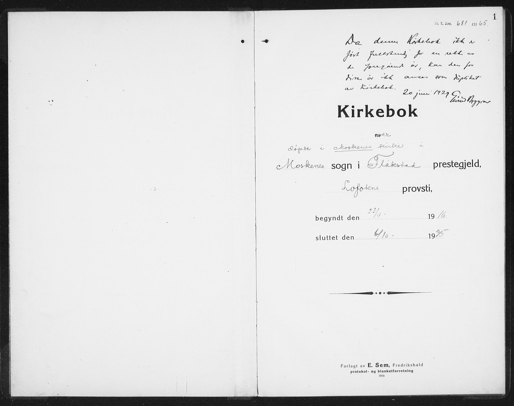 Ministerialprotokoller, klokkerbøker og fødselsregistre - Nordland, AV/SAT-A-1459/886/L1226: Klokkerbok nr. 886C03, 1916-1935, s. 1