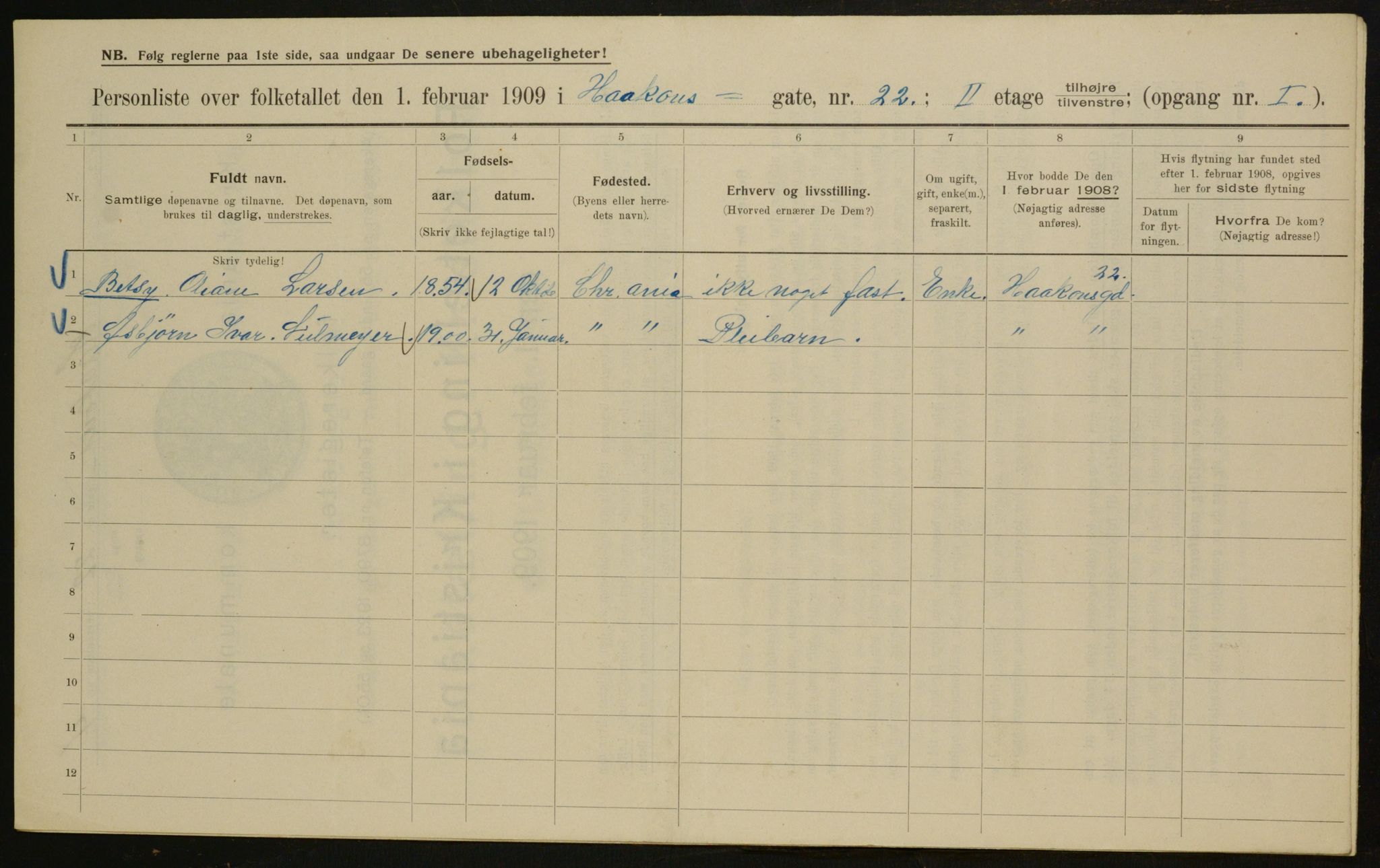 OBA, Kommunal folketelling 1.2.1909 for Kristiania kjøpstad, 1909, s. 39166