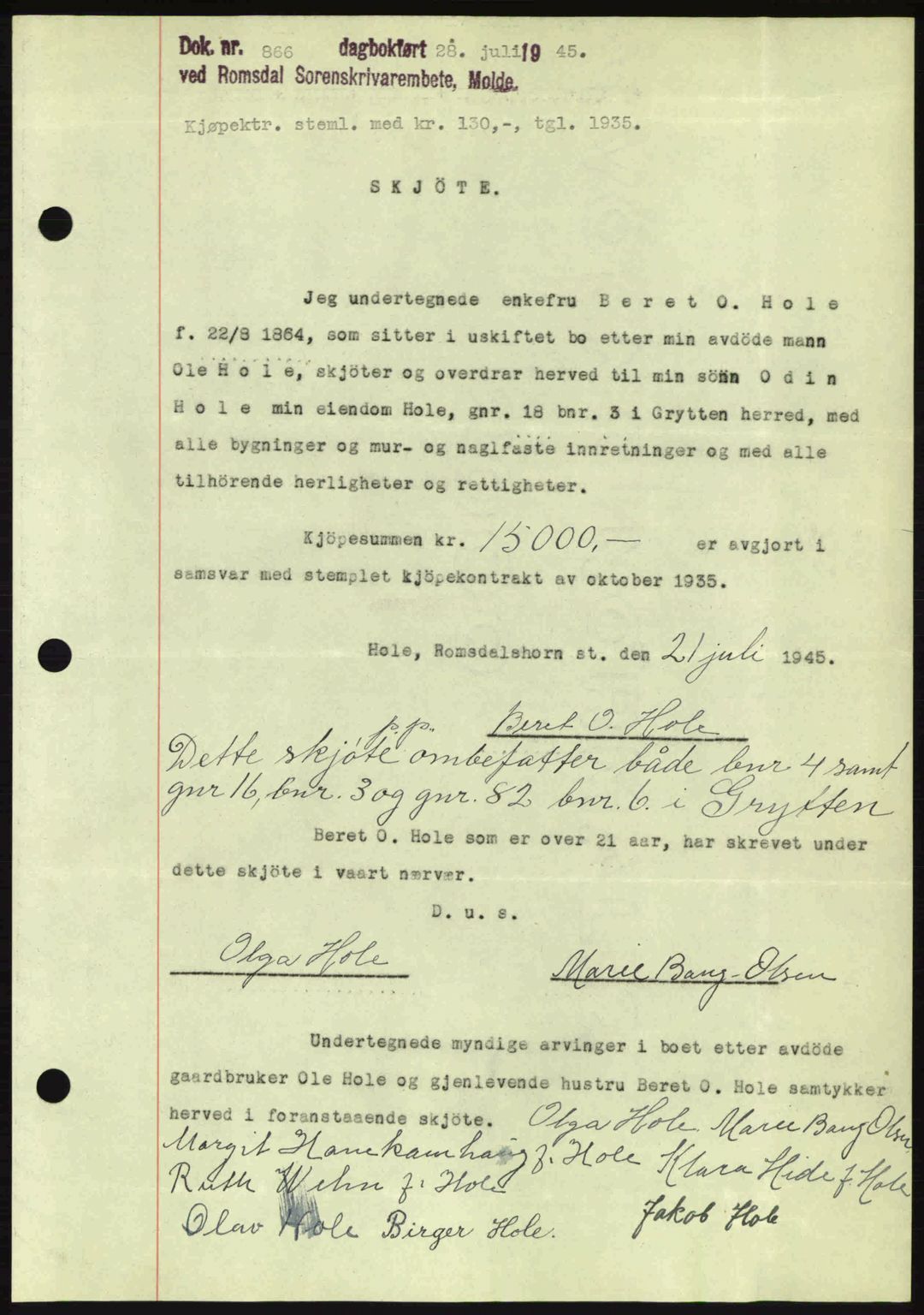 Romsdal sorenskriveri, SAT/A-4149/1/2/2C: Pantebok nr. A18, 1945-1945, Dagboknr: 866/1945