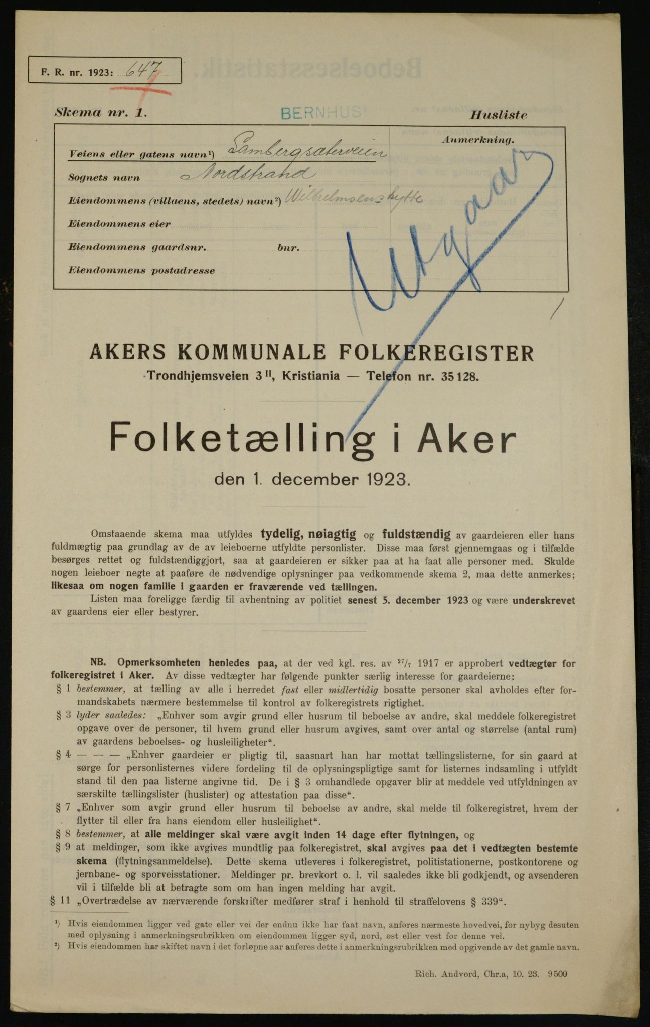 , Kommunal folketelling 1.12.1923 for Aker, 1923, s. 40594