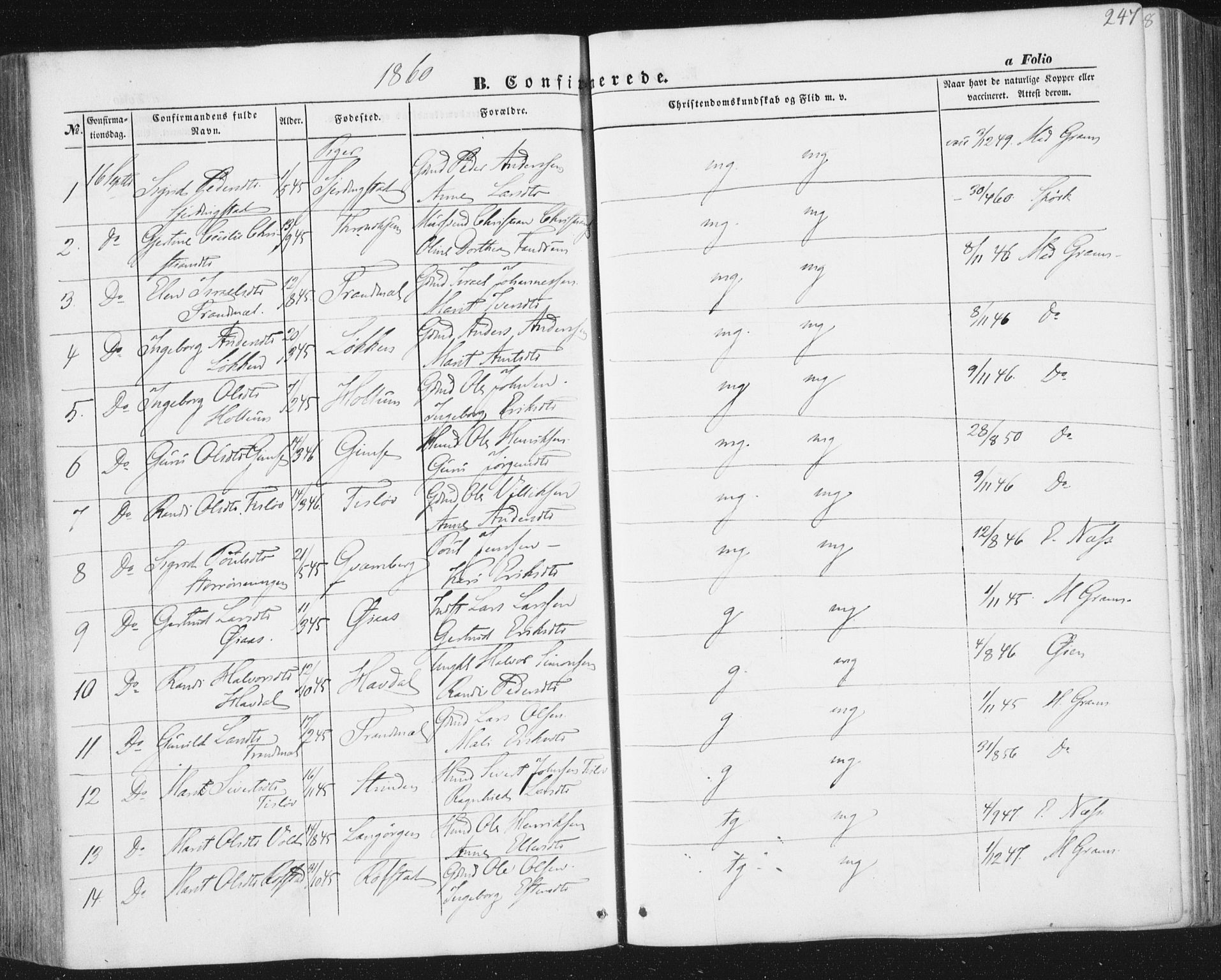 Ministerialprotokoller, klokkerbøker og fødselsregistre - Sør-Trøndelag, SAT/A-1456/691/L1076: Ministerialbok nr. 691A08, 1852-1861, s. 247