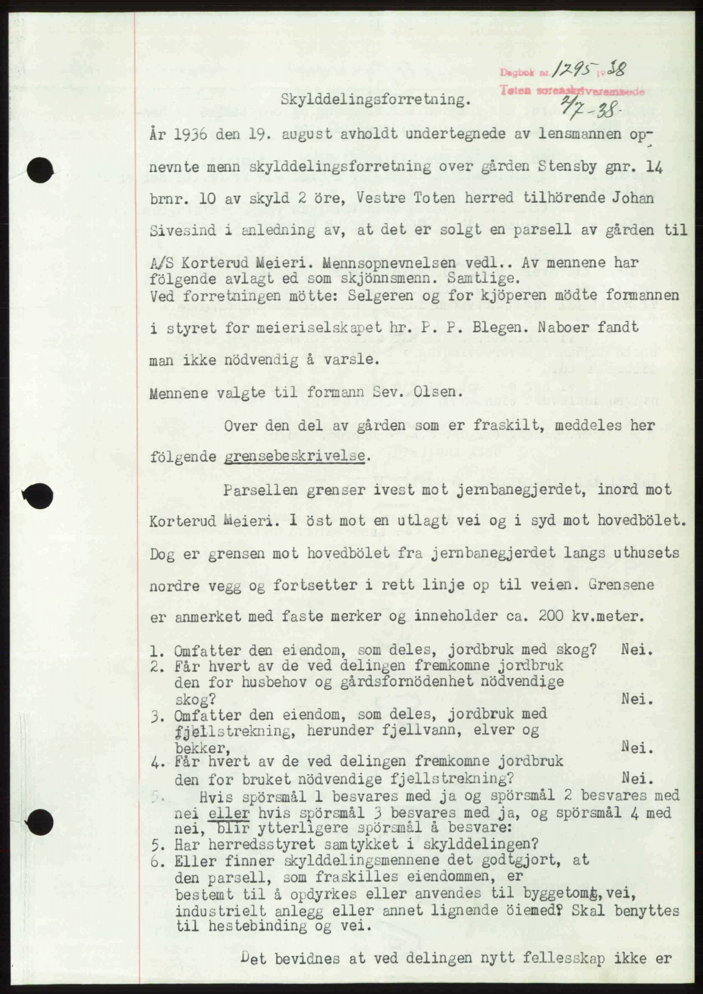 Toten tingrett, SAH/TING-006/H/Hb/Hbc/L0004: Pantebok nr. Hbc-04, 1938-1938, Dagboknr: 1295/1938