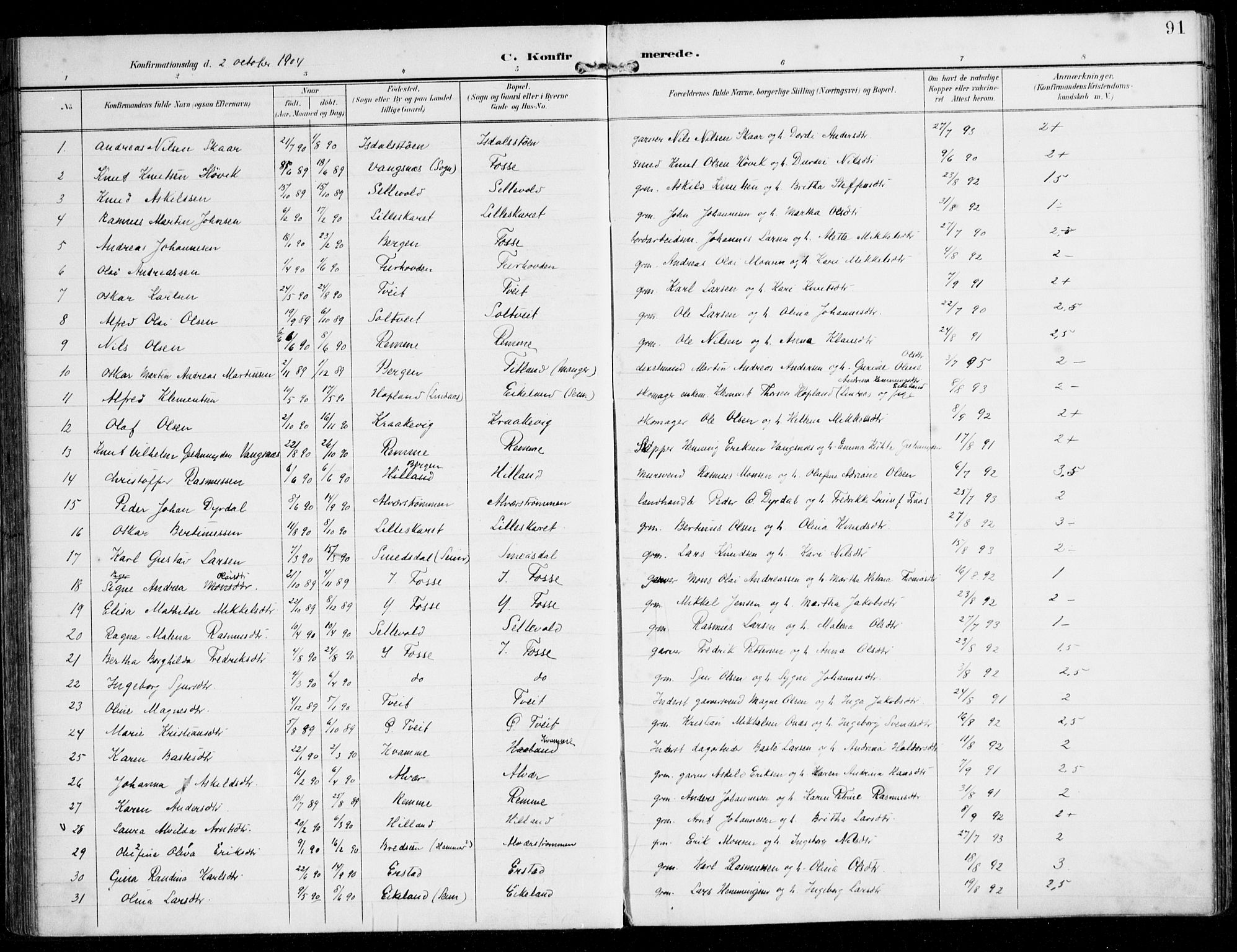 Alversund Sokneprestembete, SAB/A-73901/H/Ha/Haa/Haaa/L0003: Ministerialbok nr. A 3, 1897-1926, s. 91