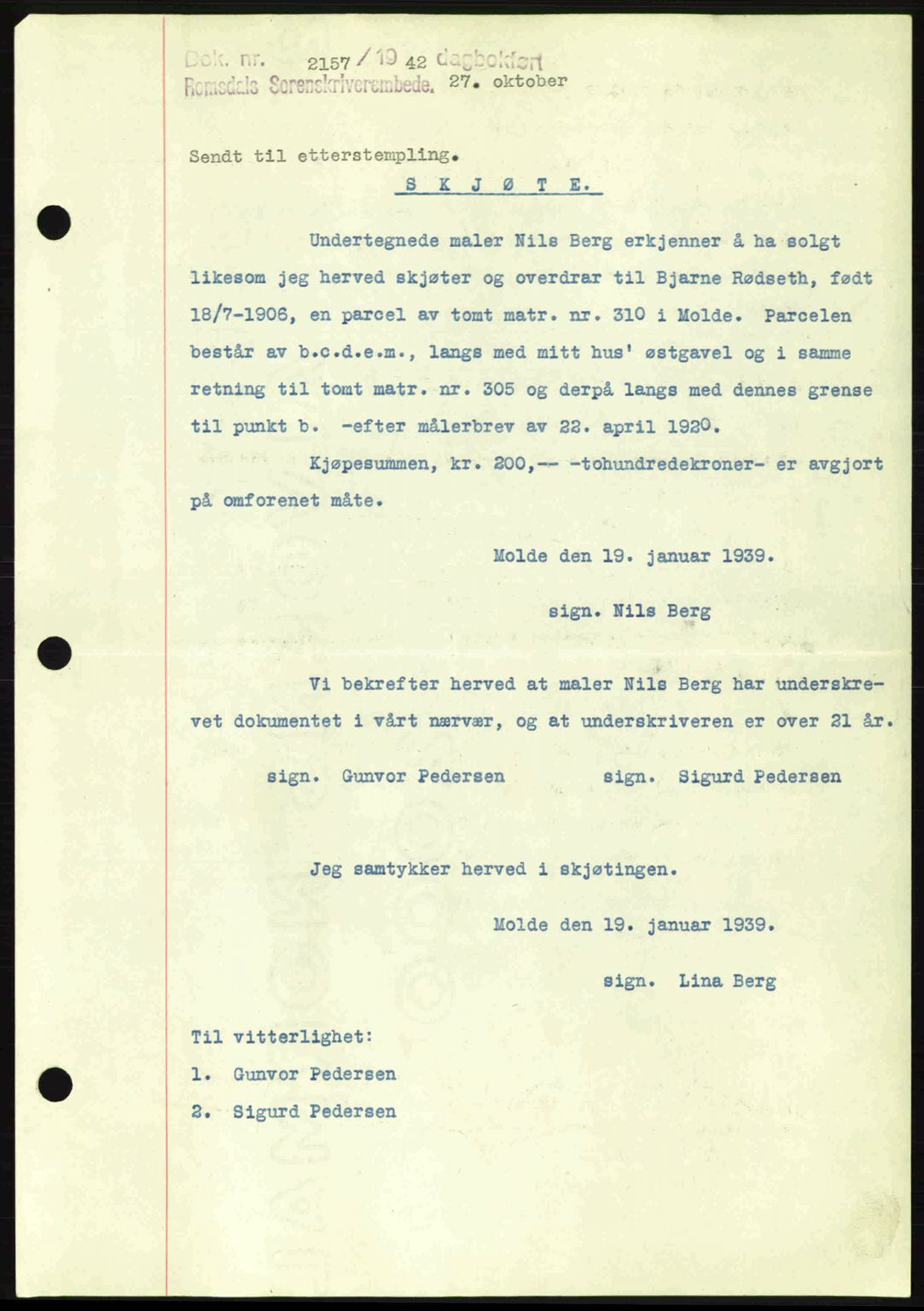 Romsdal sorenskriveri, SAT/A-4149/1/2/2C: Pantebok nr. A13, 1942-1943, Dagboknr: 2157/1942