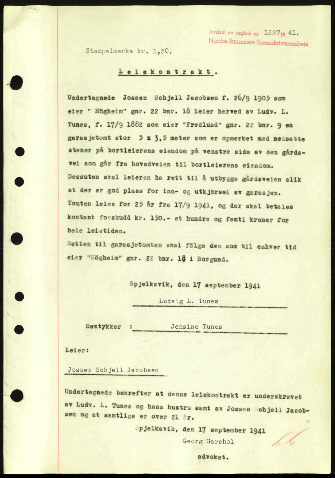 Nordre Sunnmøre sorenskriveri, SAT/A-0006/1/2/2C/2Ca: Pantebok nr. A11, 1941-1941, Dagboknr: 1537/1941