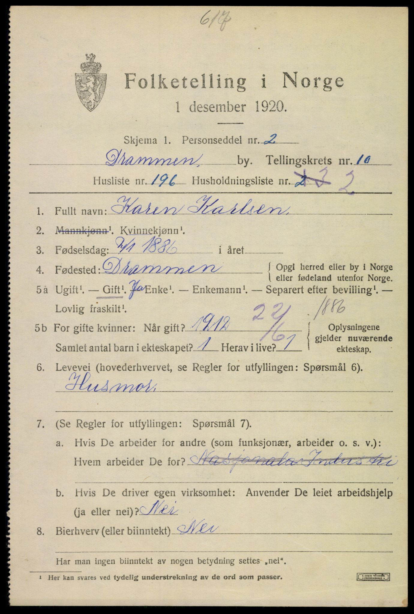 SAKO, Folketelling 1920 for 0602 Drammen kjøpstad, 1920, s. 65809