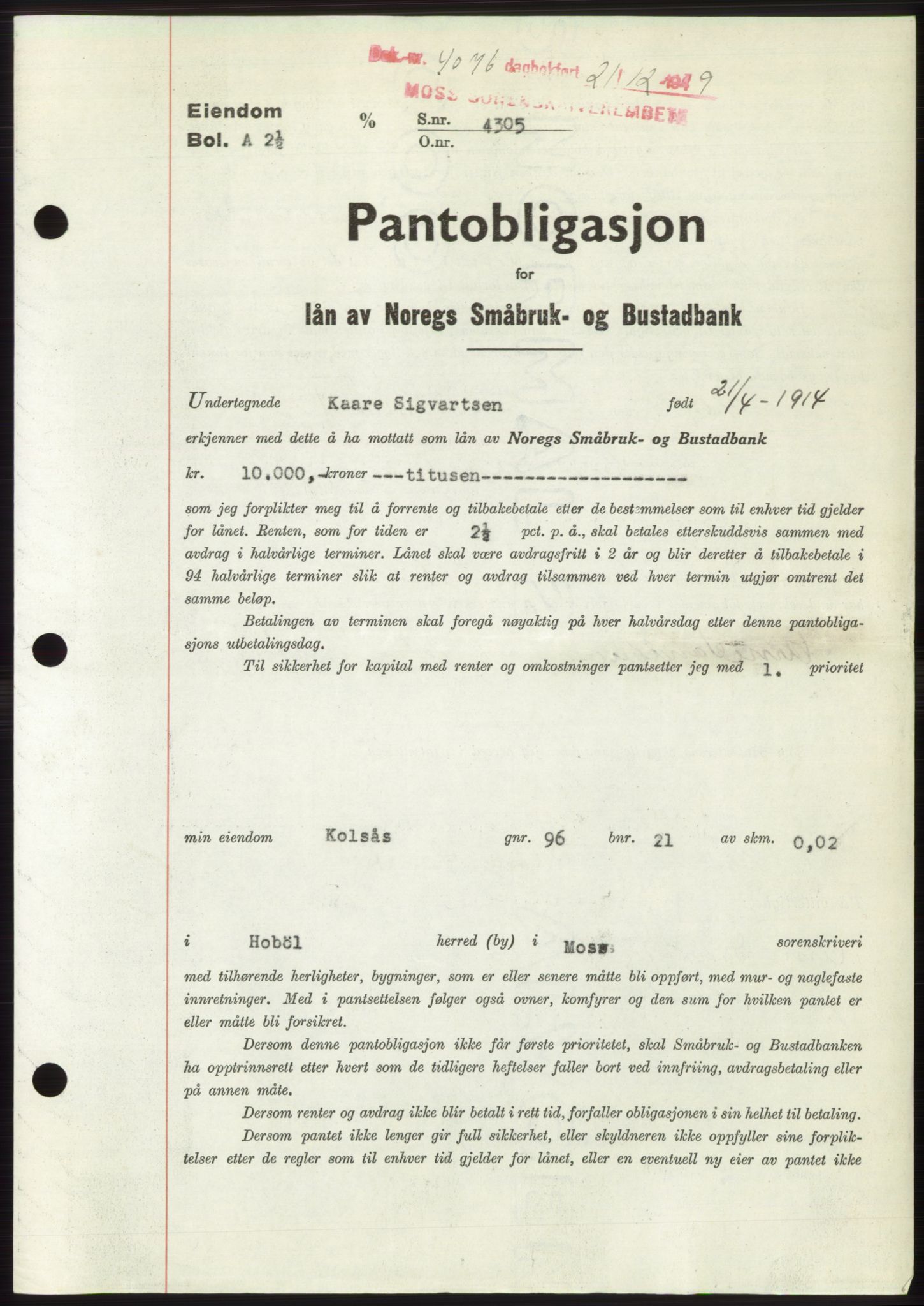 Moss sorenskriveri, SAO/A-10168: Pantebok nr. B23, 1949-1950, Dagboknr: 4076/1949