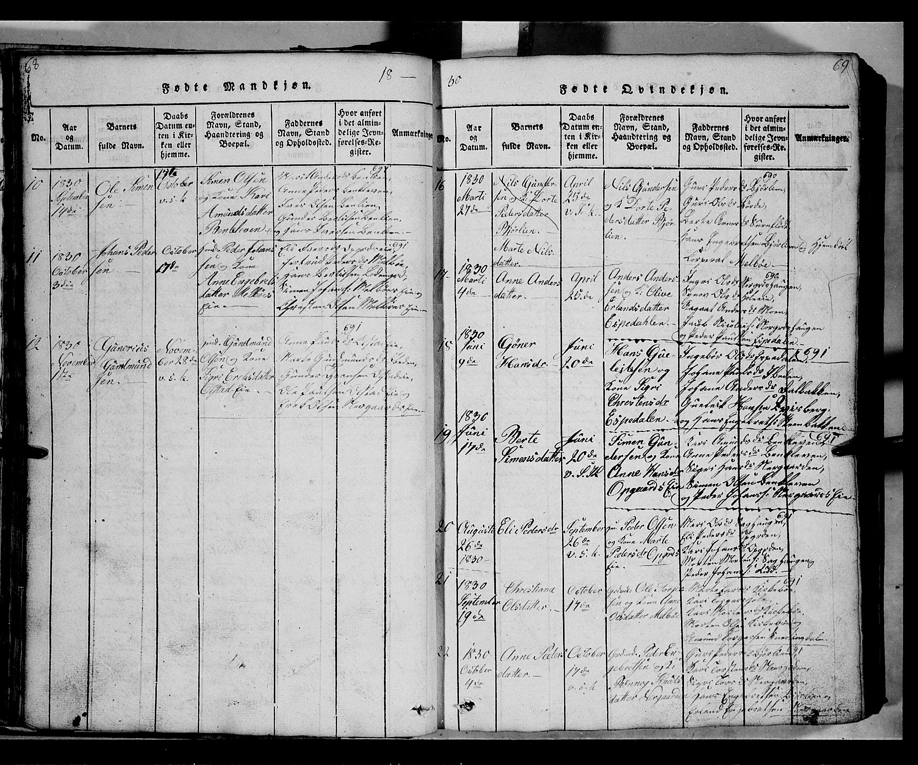 Gausdal prestekontor, AV/SAH-PREST-090/H/Ha/Hab/L0002: Klokkerbok nr. 2, 1818-1874, s. 68-69