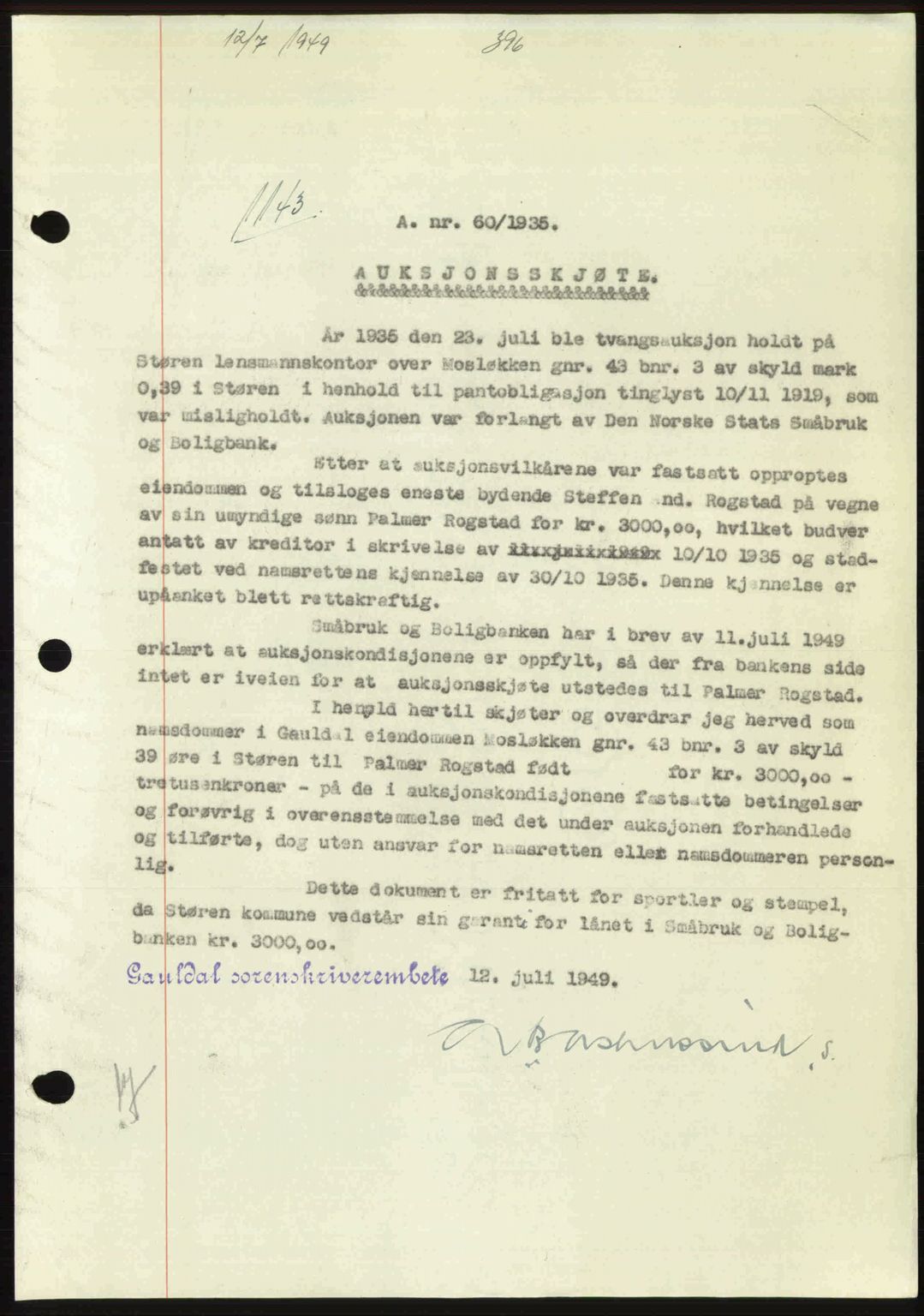 Gauldal sorenskriveri, SAT/A-0014/1/2/2C: Pantebok nr. A8, 1949-1949, Dagboknr: 1143/1949