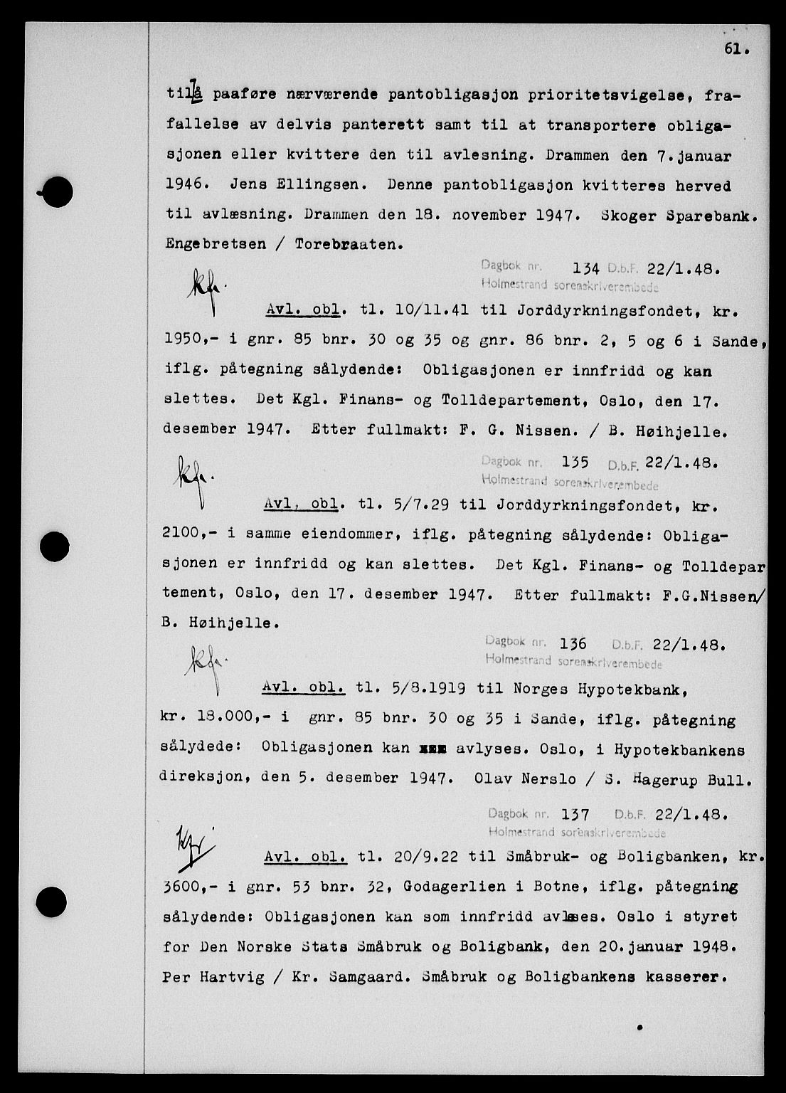 Holmestrand sorenskriveri, SAKO/A-67/G/Ga/Gab/L0058: Pantebok nr. B-58, 1947-1948, s. 61, Dagboknr: 134/1948