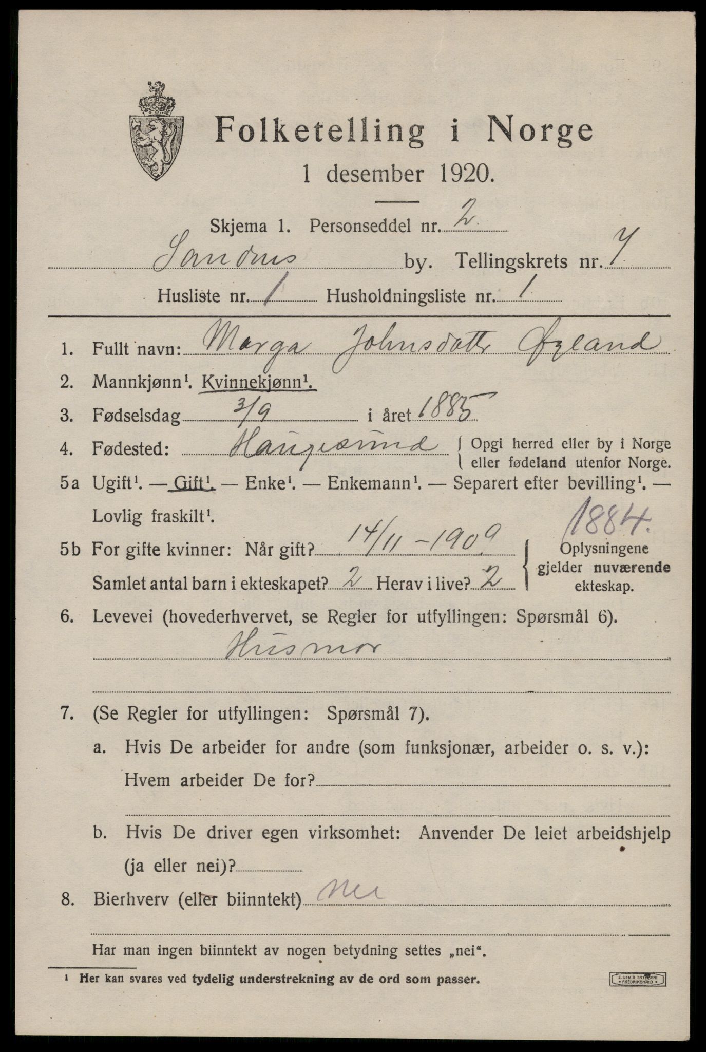 SAST, Folketelling 1920 for 1102 Sandnes ladested, 1920, s. 5424