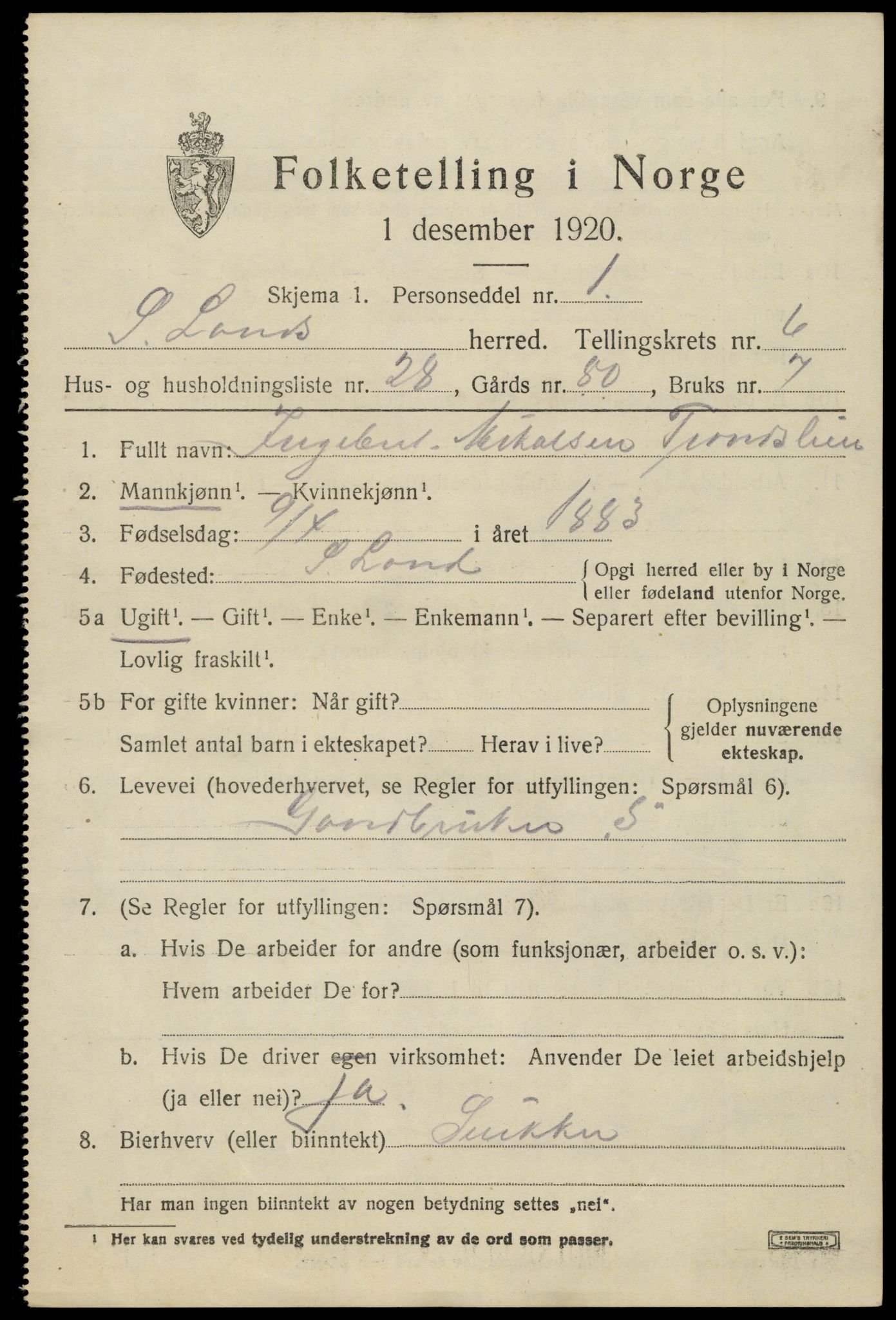 SAH, Folketelling 1920 for 0536 Søndre Land herred, 1920, s. 6575