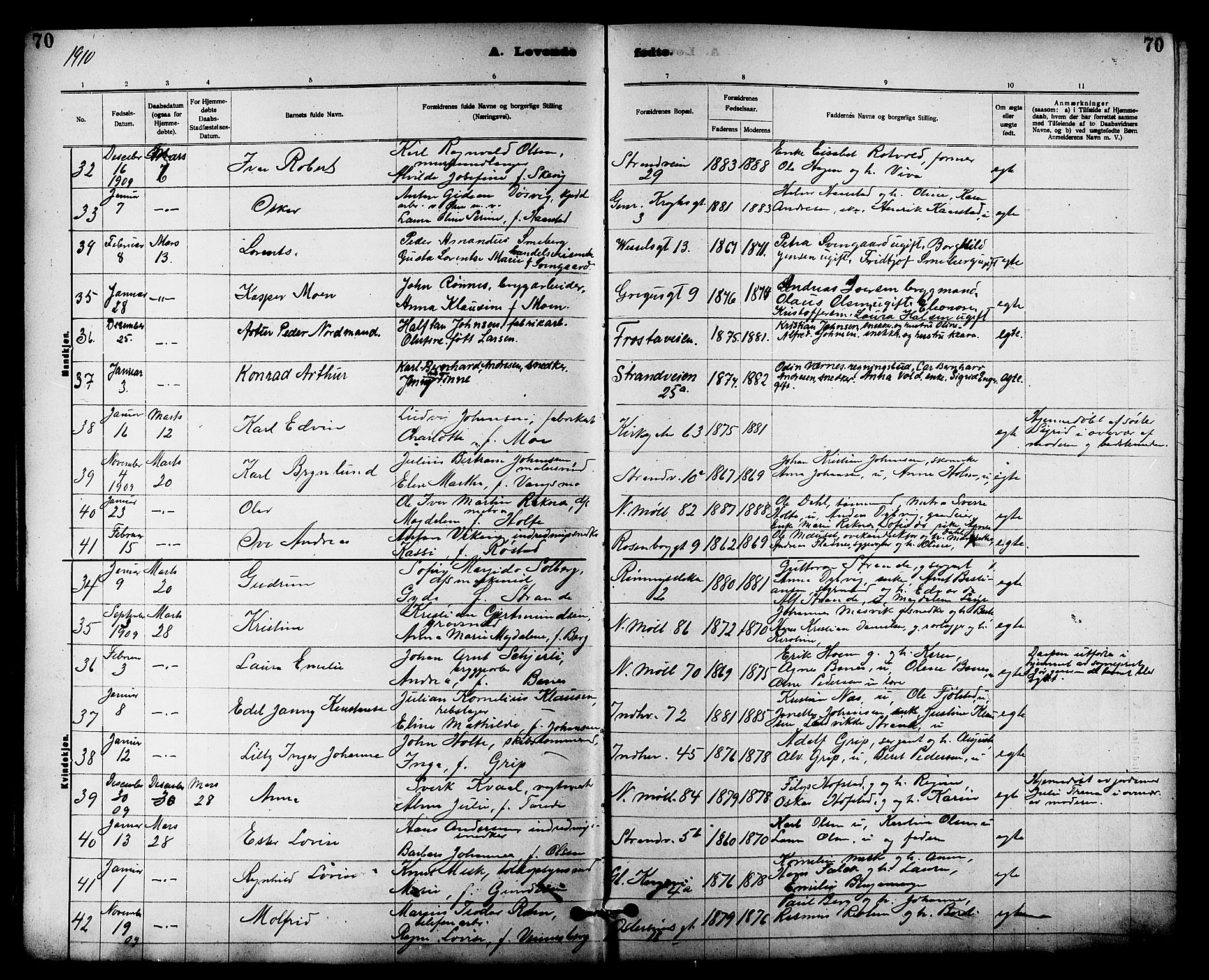 Ministerialprotokoller, klokkerbøker og fødselsregistre - Sør-Trøndelag, AV/SAT-A-1456/605/L0254: Klokkerbok nr. 605C01, 1908-1916, s. 70