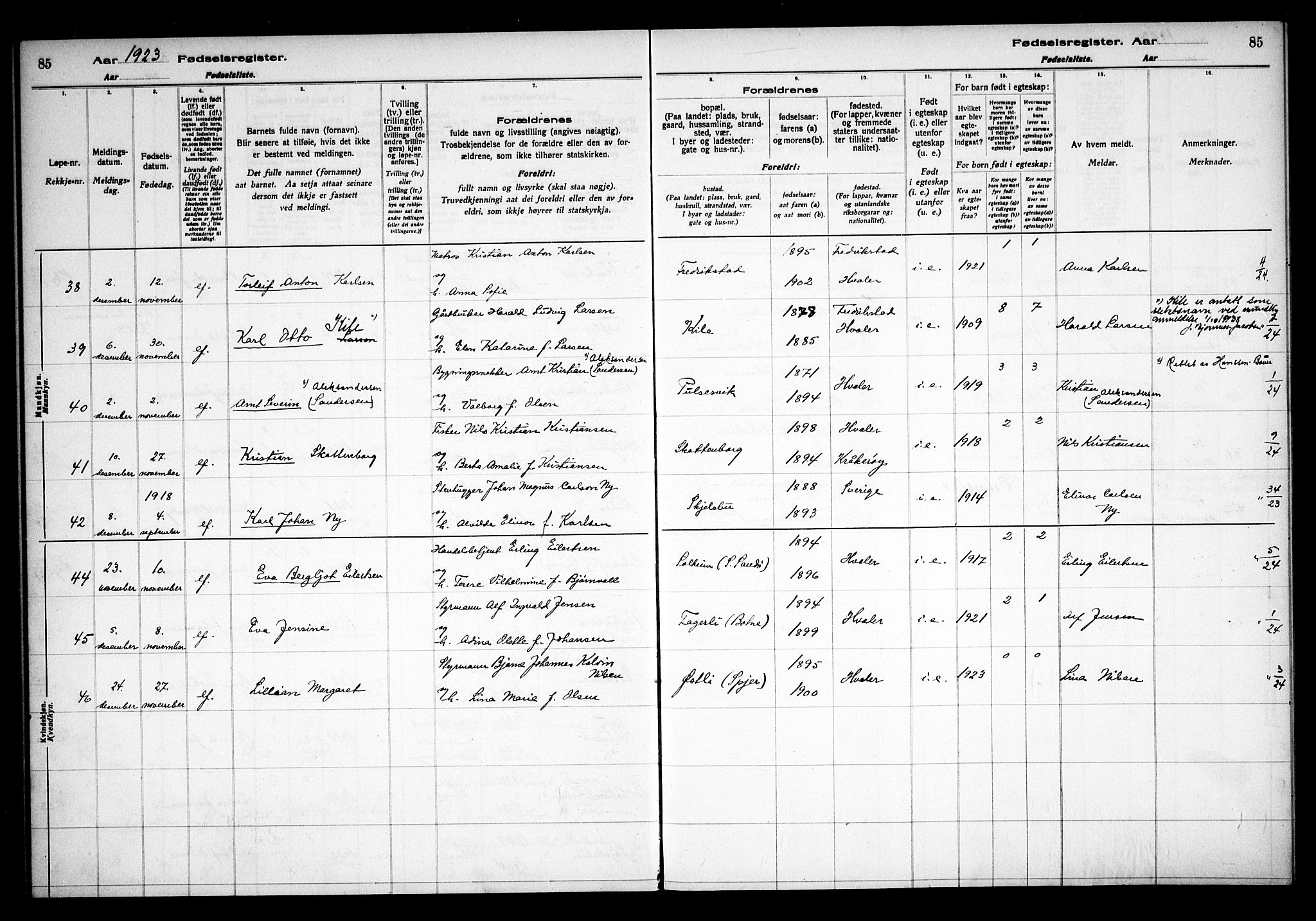Hvaler prestekontor Kirkebøker, AV/SAO-A-2001/J/Ja/L0001: Fødselsregister nr. I 1, 1916-1938, s. 85