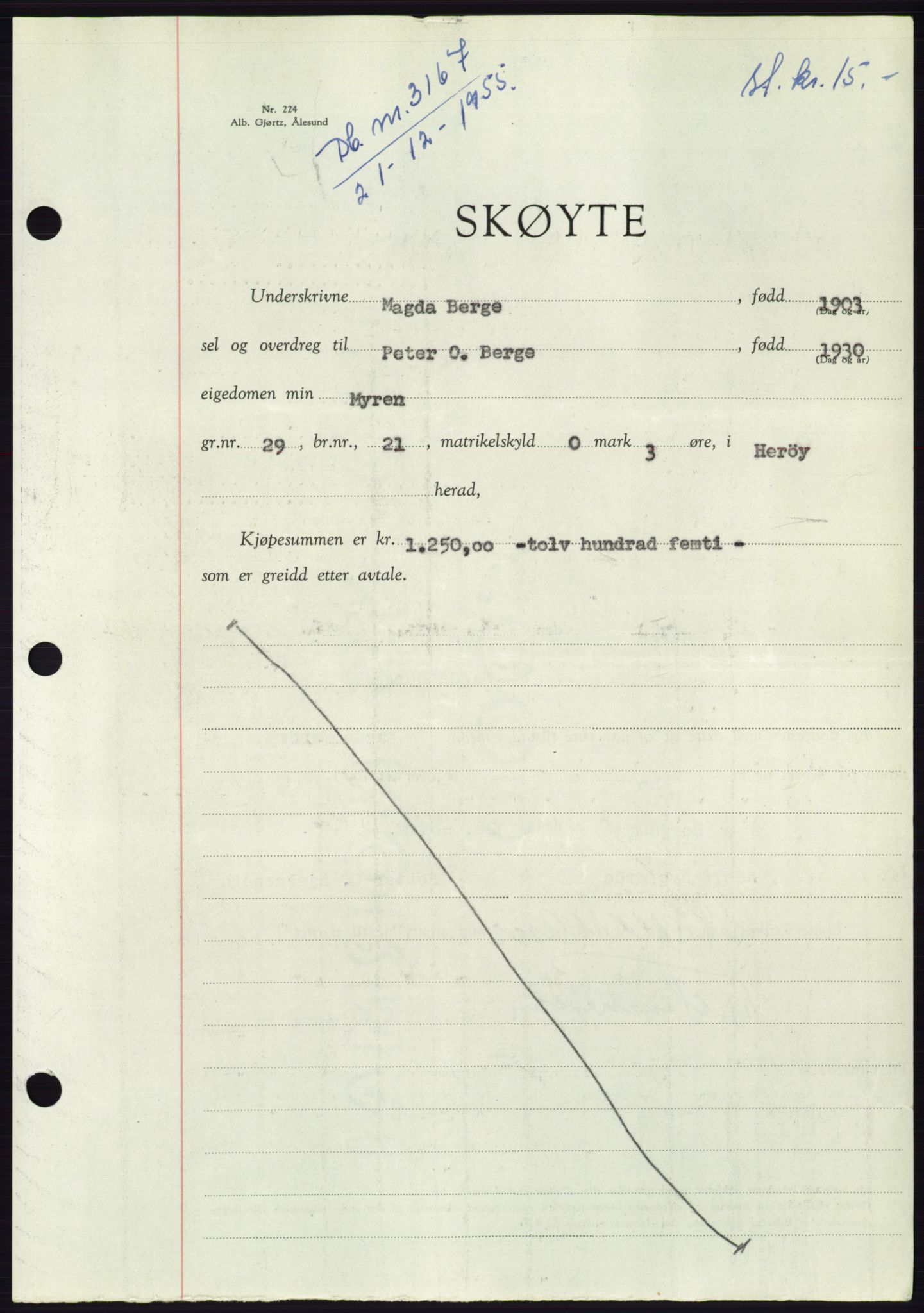 Søre Sunnmøre sorenskriveri, AV/SAT-A-4122/1/2/2C/L0102: Pantebok nr. 28A, 1955-1956, Dagboknr: 3167/1955