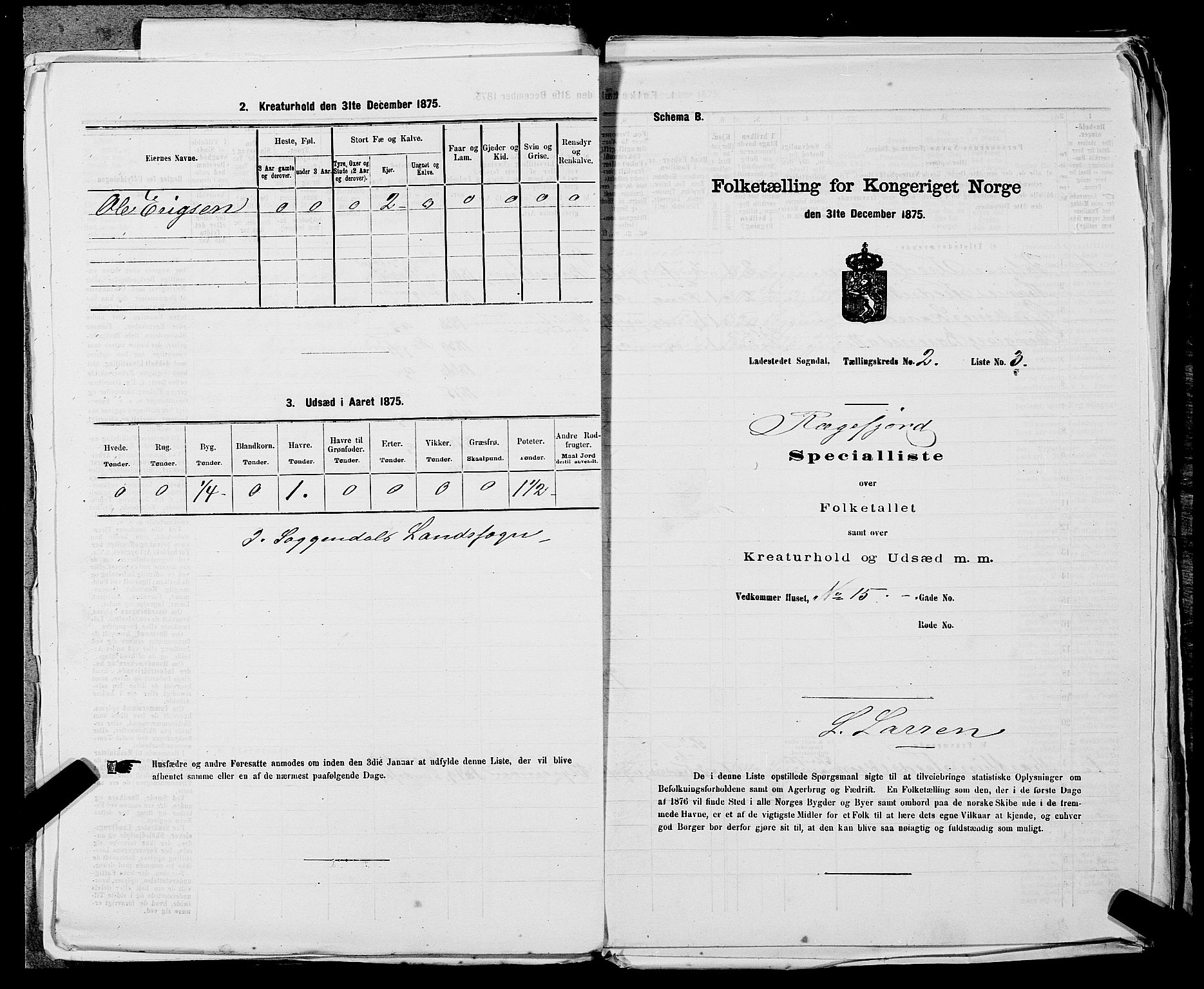 SAST, Folketelling 1875 for 1107B Sokndal prestegjeld, Sokndal ladested, 1875, s. 135