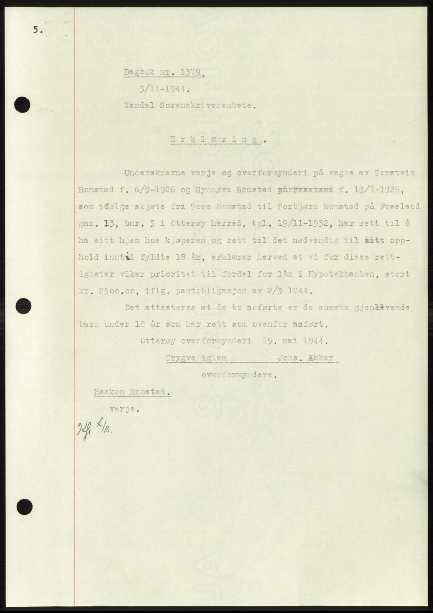 Namdal sorenskriveri, SAT/A-4133/1/2/2C: Pantebok nr. -, 1944-1945, Dagboknr: 1379/1944