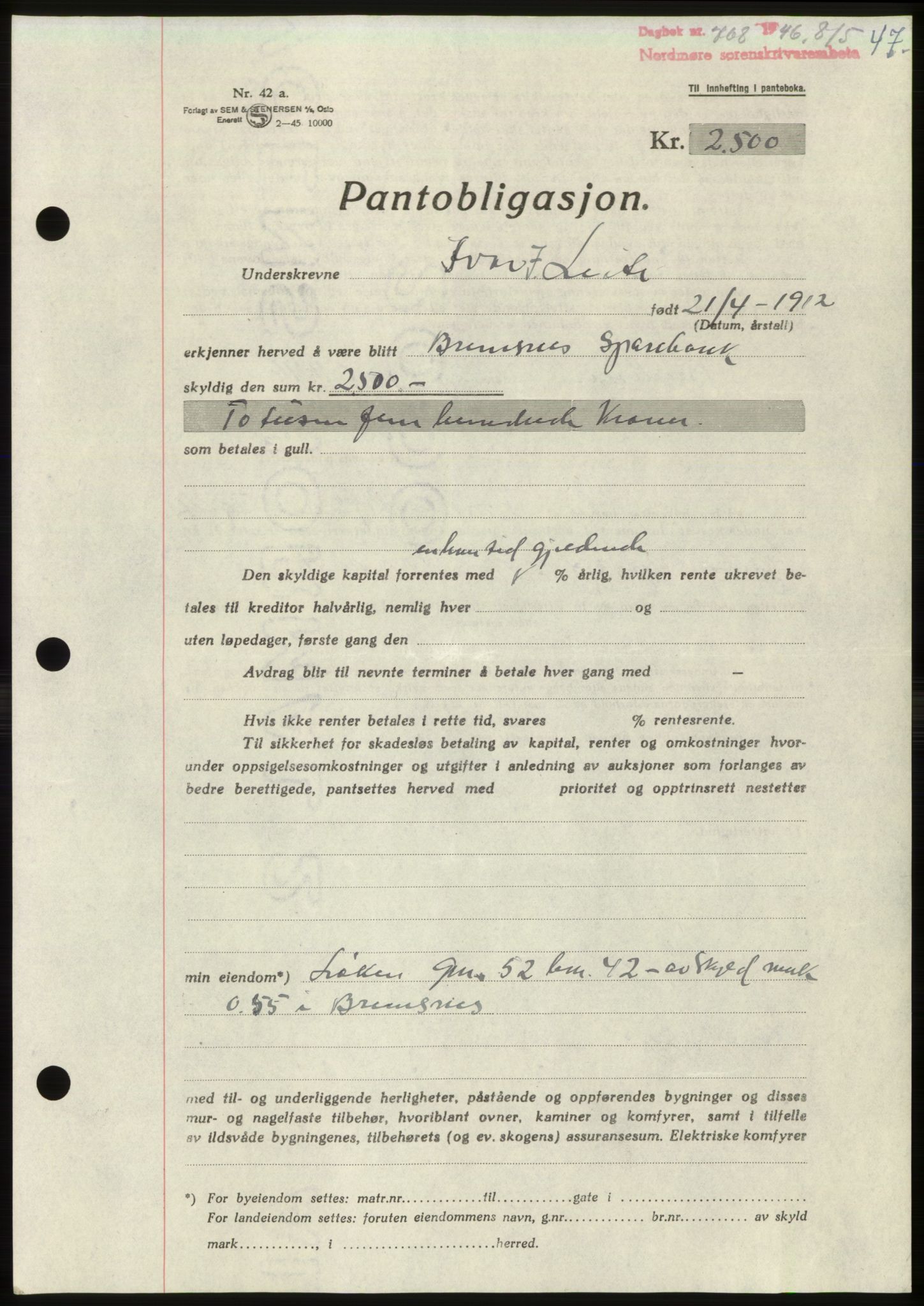 Nordmøre sorenskriveri, SAT/A-4132/1/2/2Ca: Pantebok nr. B94, 1946-1946, Dagboknr: 768/1946