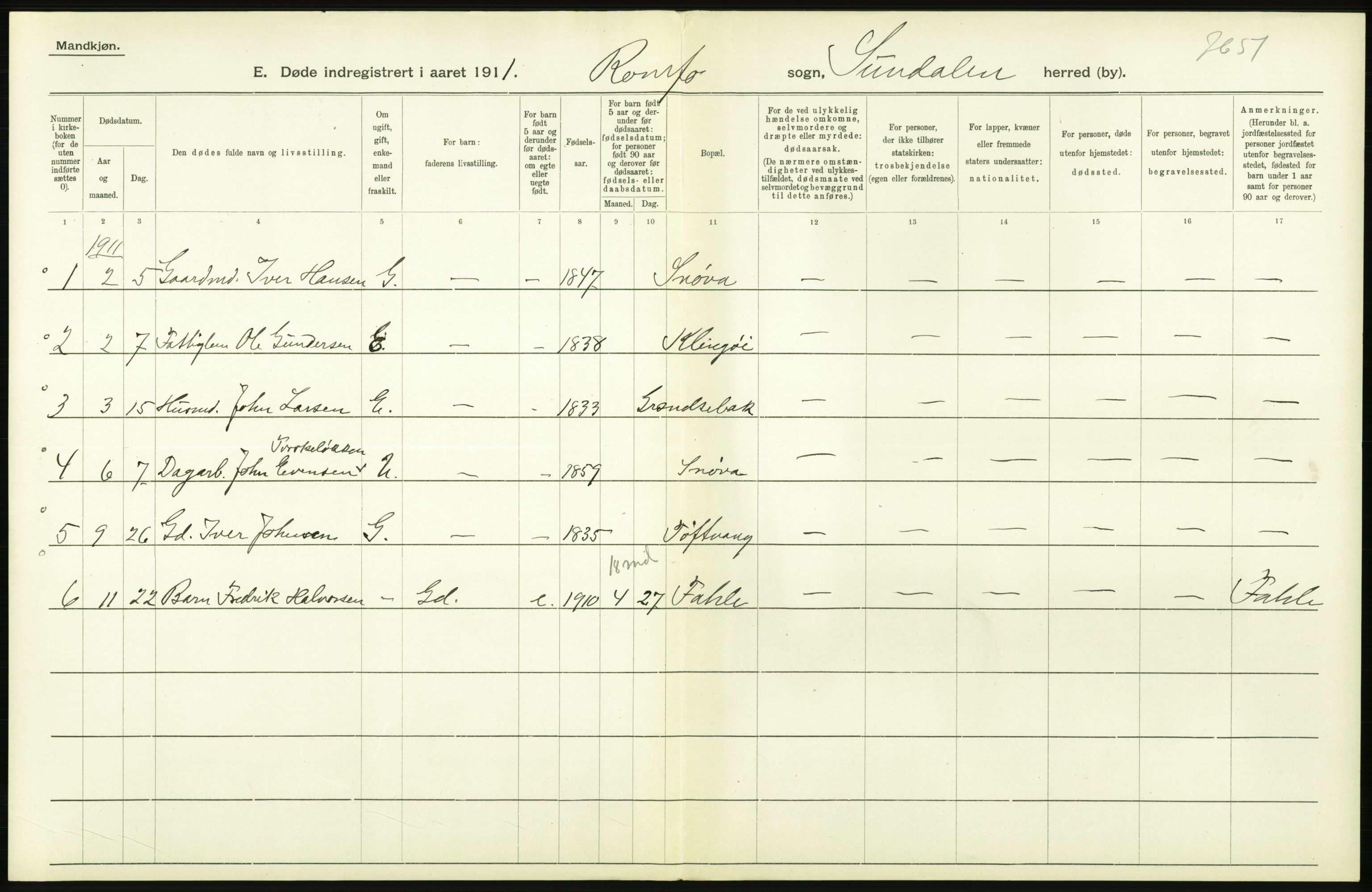 Statistisk sentralbyrå, Sosiodemografiske emner, Befolkning, AV/RA-S-2228/D/Df/Dfb/Dfba/L0038: Romsdals amt:  Døde. Bygder og byer., 1911, s. 40