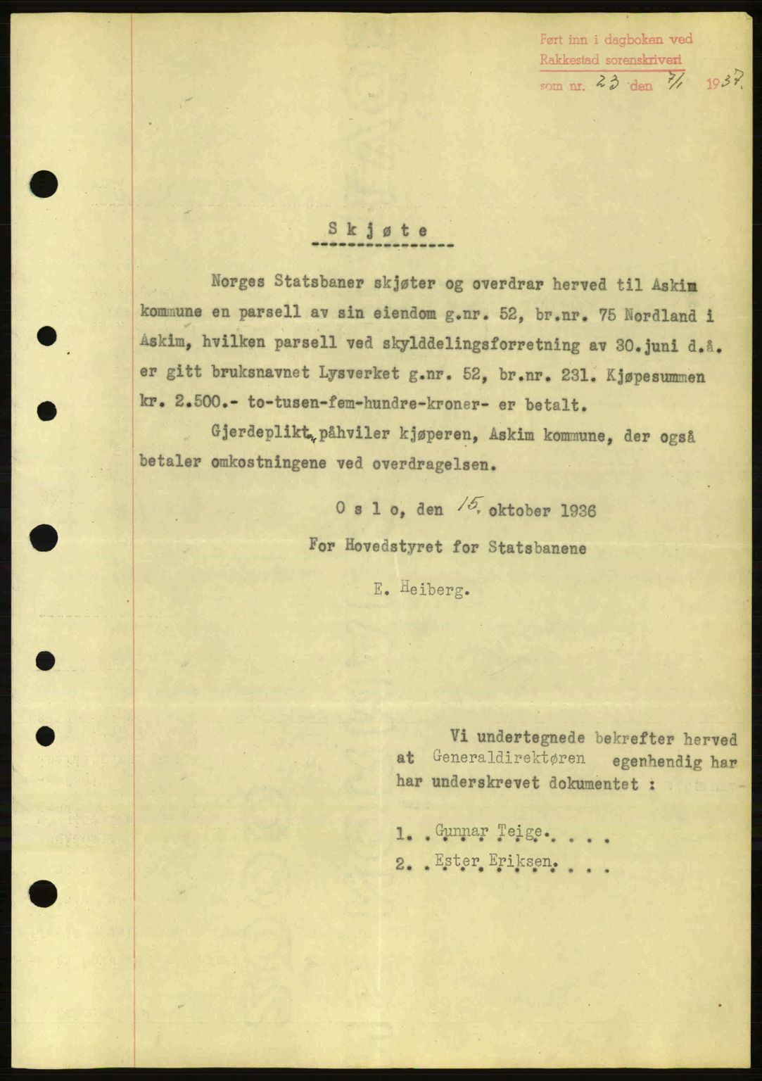 Rakkestad sorenskriveri, SAO/A-10686/G/Gb/Gba/Gbab/L0001: Pantebok nr. A1, 1936-1937, Dagboknr: 23/1937