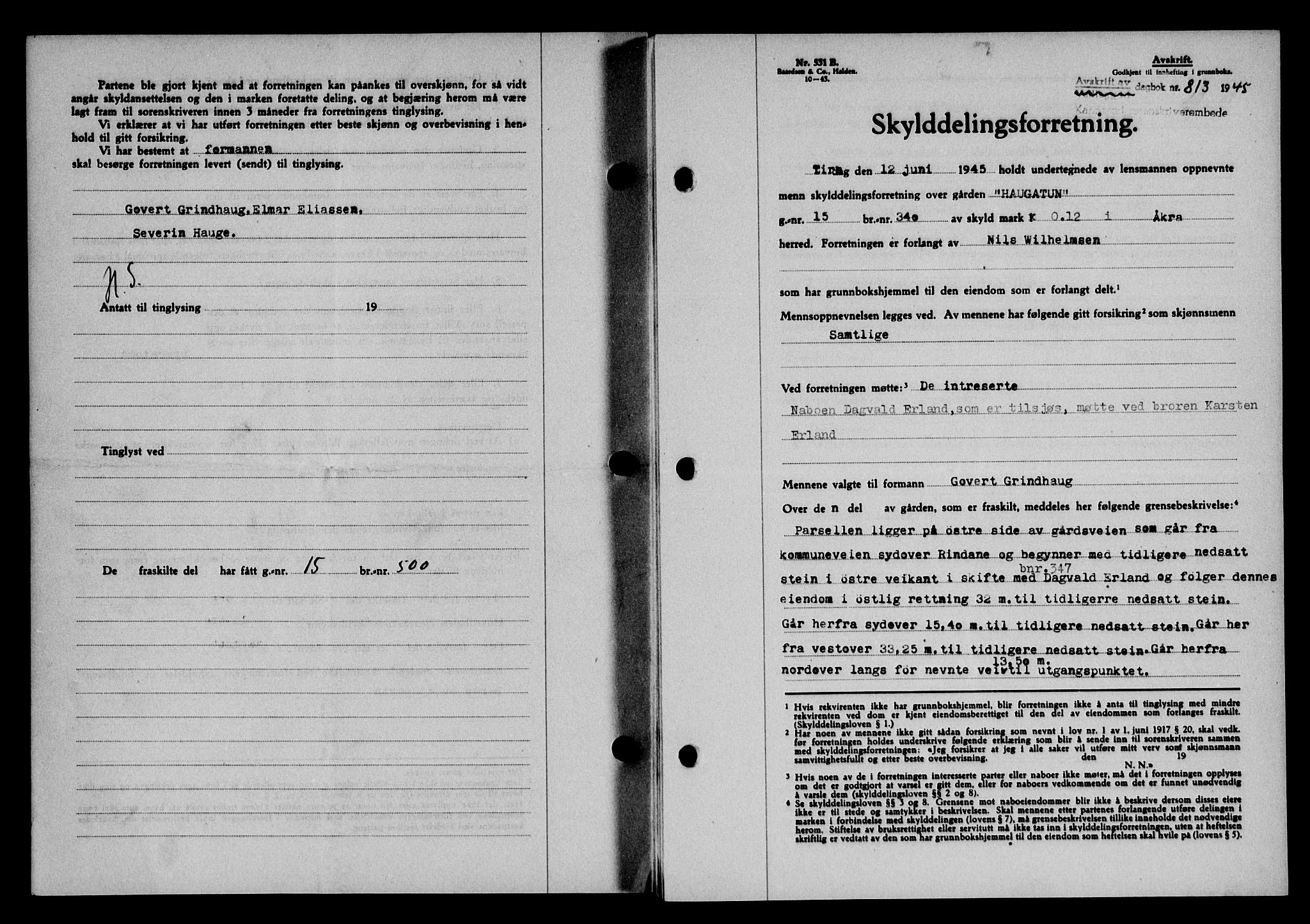 Karmsund sorenskriveri, SAST/A-100311/01/II/IIB/L0083: Pantebok nr. 64A, 1944-1945, Dagboknr: 813/1945