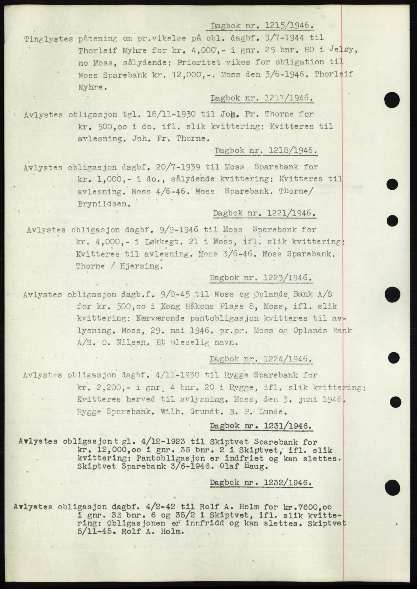 Moss sorenskriveri, SAO/A-10168: Pantebok nr. C10, 1938-1950, Dagboknr: 1215/1946
