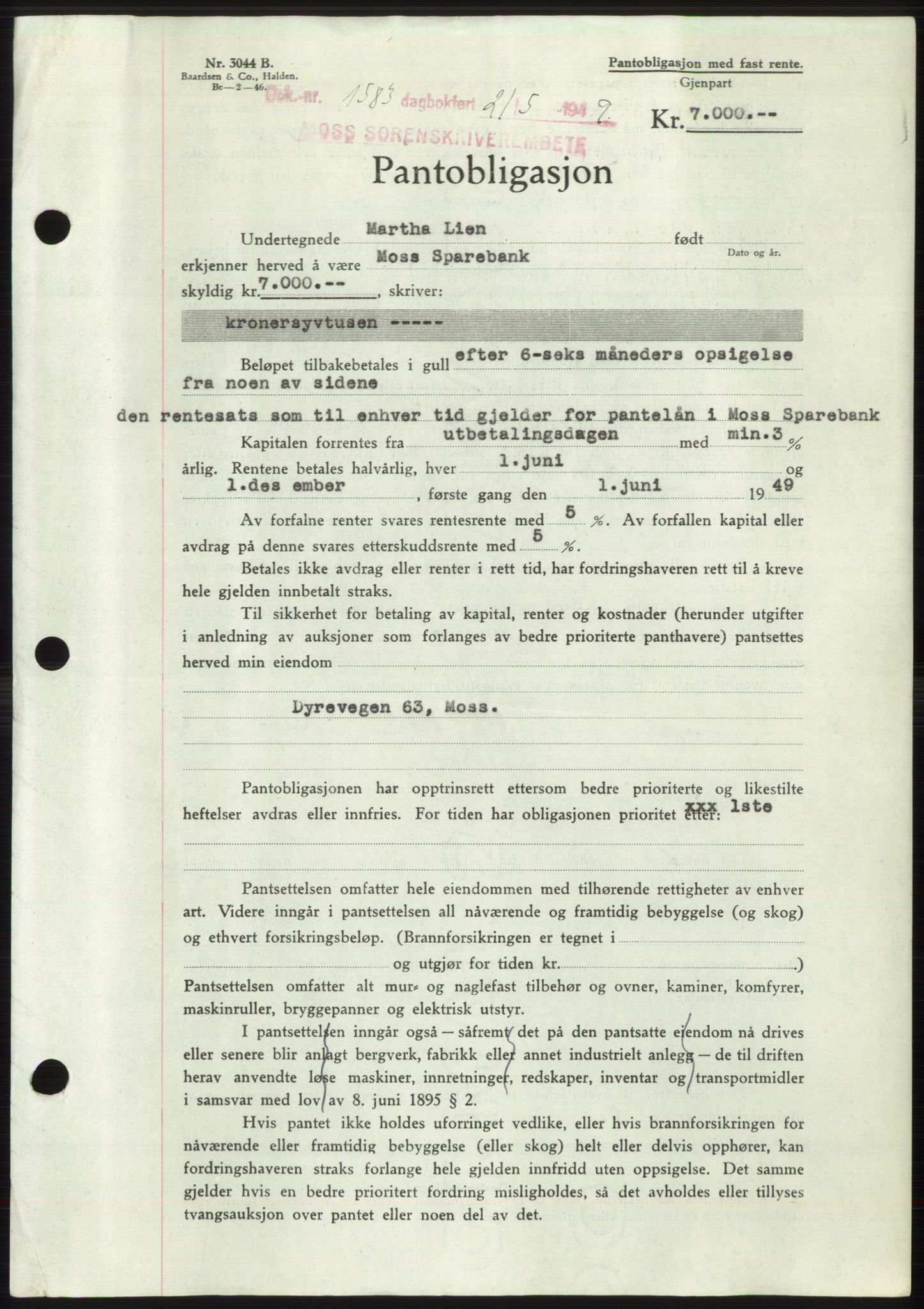 Moss sorenskriveri, SAO/A-10168: Pantebok nr. B21, 1949-1949, Dagboknr: 1583/1949