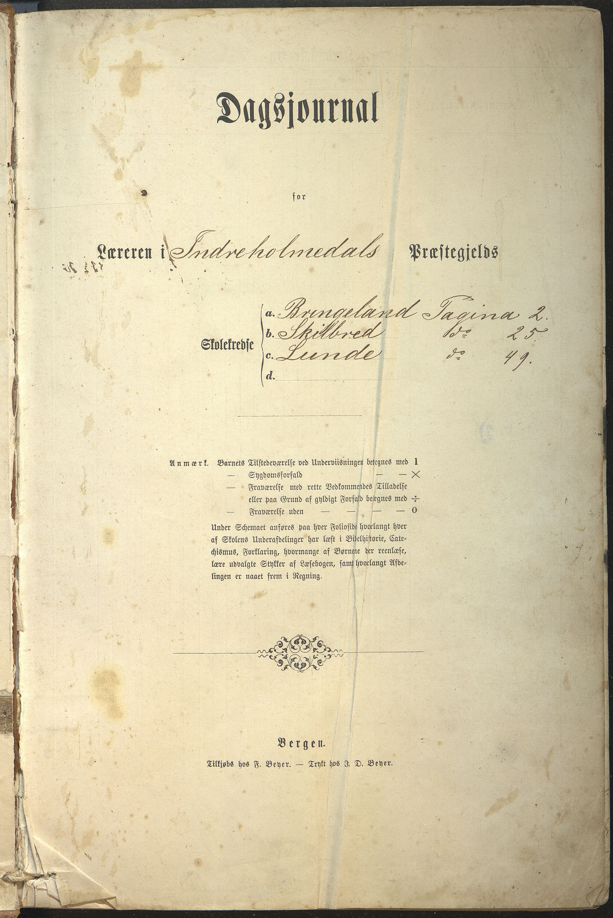 Gaular kommune. Skilbrei skule, VLFK/K-14300.520.16/543/L0002: dagbok for Bringeland skule, Skilbrei skule og Lunde skule, 1870-1882