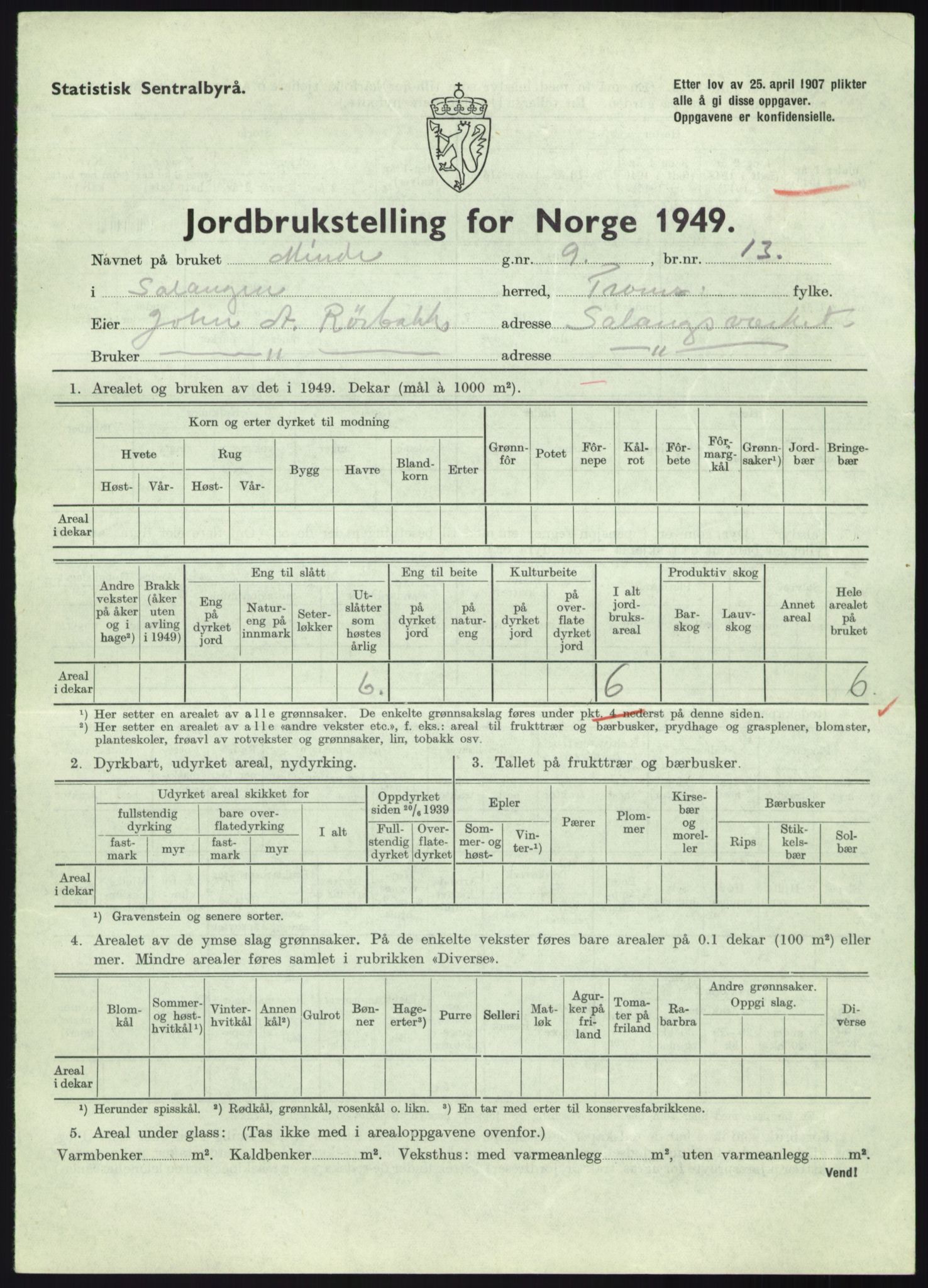 Statistisk sentralbyrå, Næringsøkonomiske emner, Jordbruk, skogbruk, jakt, fiske og fangst, AV/RA-S-2234/G/Gc/L0438: Troms: Salangen og Bardu, 1949, s. 224