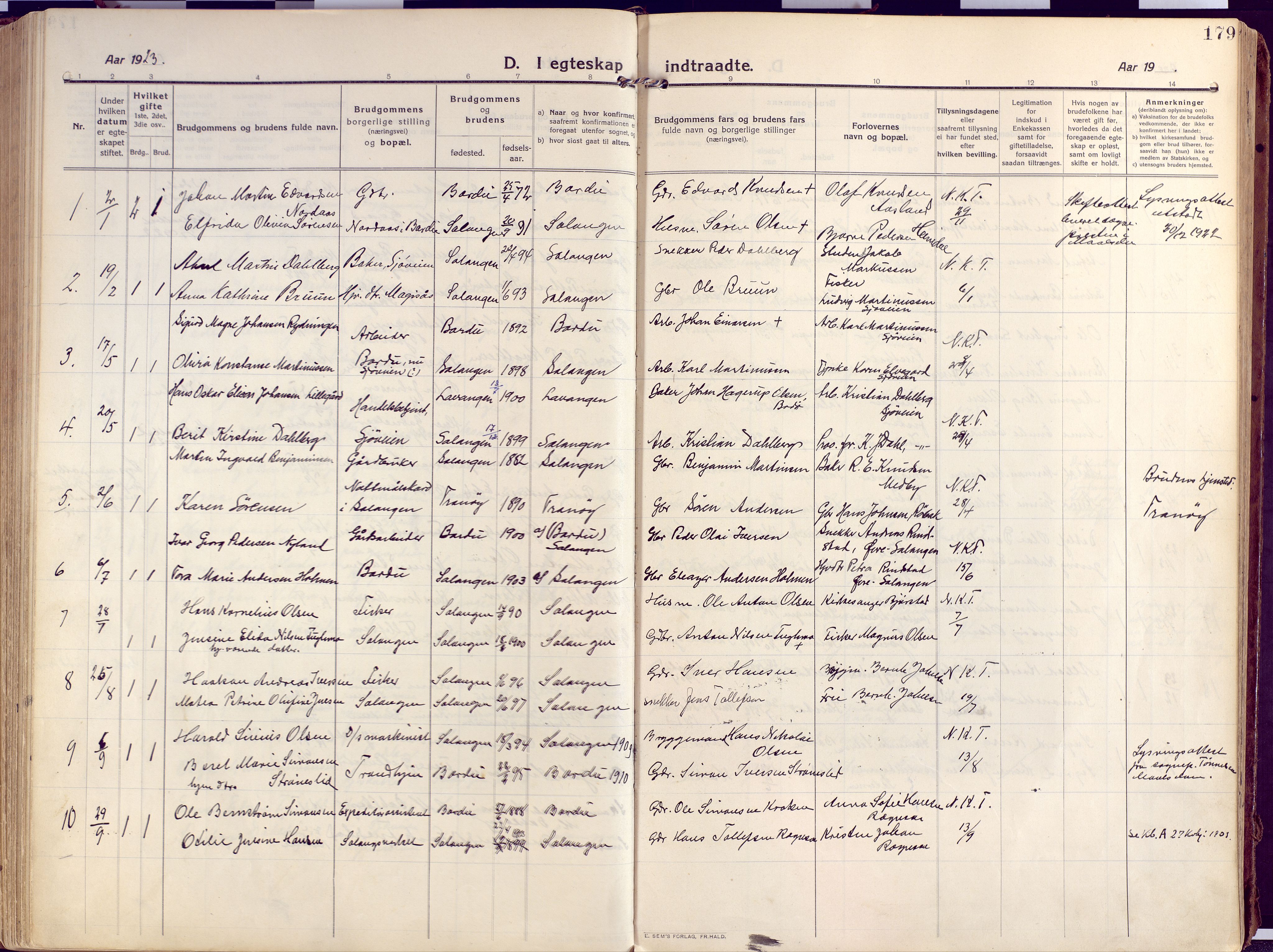 Salangen sokneprestembete, AV/SATØ-S-1324/H/Ha/L0004kirke: Ministerialbok nr. 4, 1912-1927, s. 179