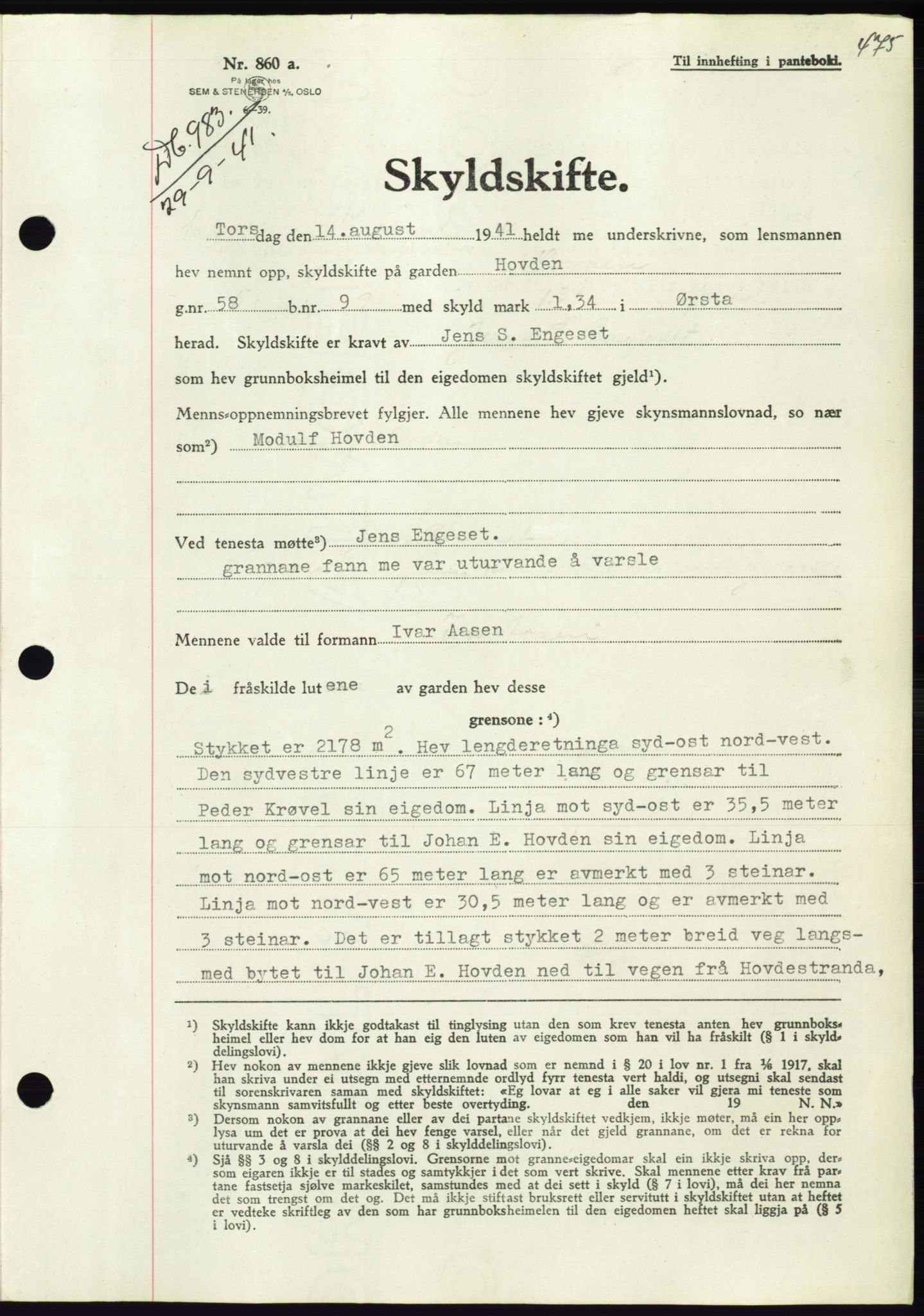 Søre Sunnmøre sorenskriveri, AV/SAT-A-4122/1/2/2C/L0071: Pantebok nr. 65, 1941-1941, Dagboknr: 983/1941