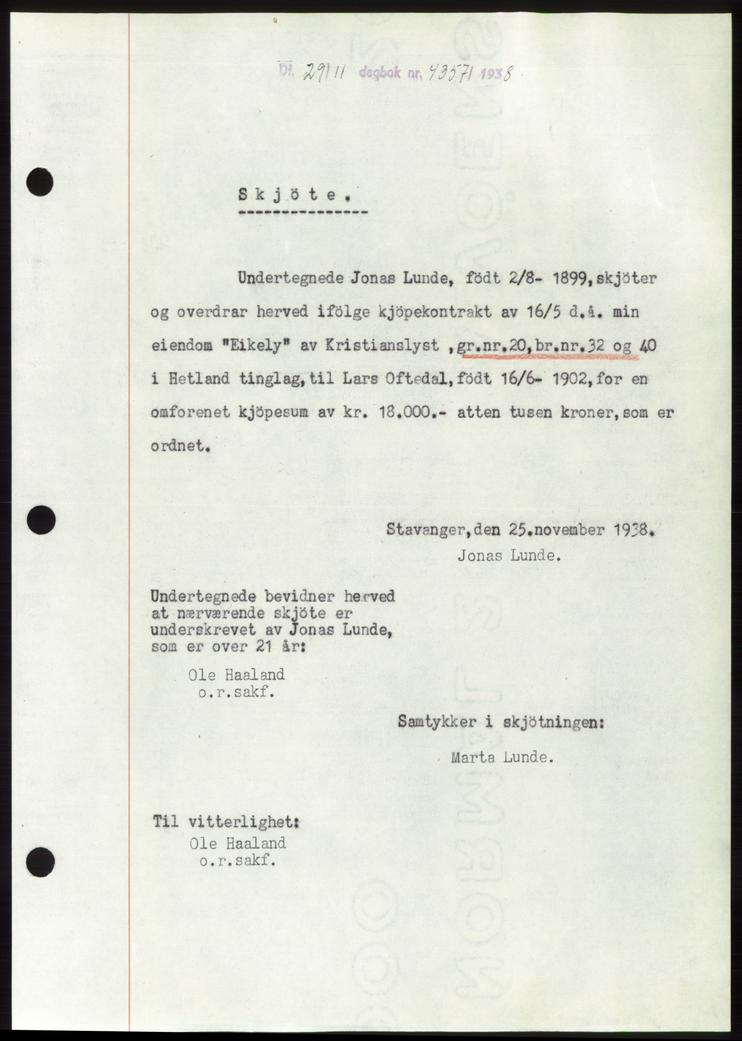 Jæren sorenskriveri, SAST/A-100310/03/G/Gba/L0072: Pantebok, 1938-1938, Dagboknr: 4357/1938