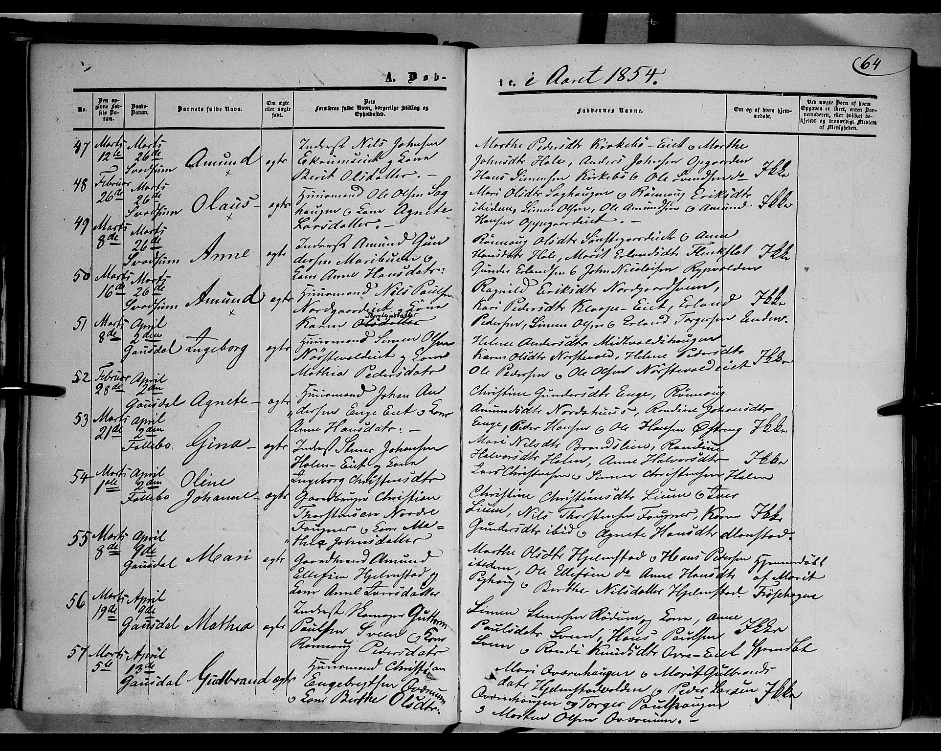 Gausdal prestekontor, AV/SAH-PREST-090/H/Ha/Haa/L0008: Ministerialbok nr. 8, 1850-1861, s. 64