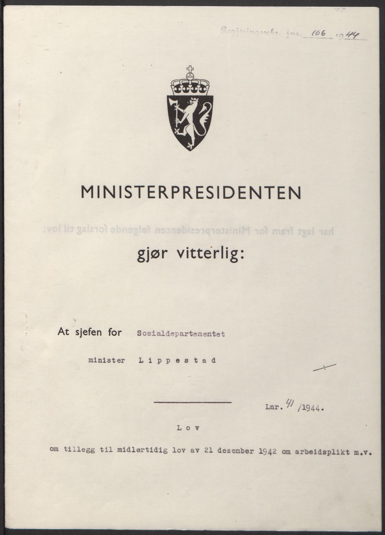 NS-administrasjonen 1940-1945 (Statsrådsekretariatet, de kommisariske statsråder mm), AV/RA-S-4279/D/Db/L0100: Lover, 1944, s. 197