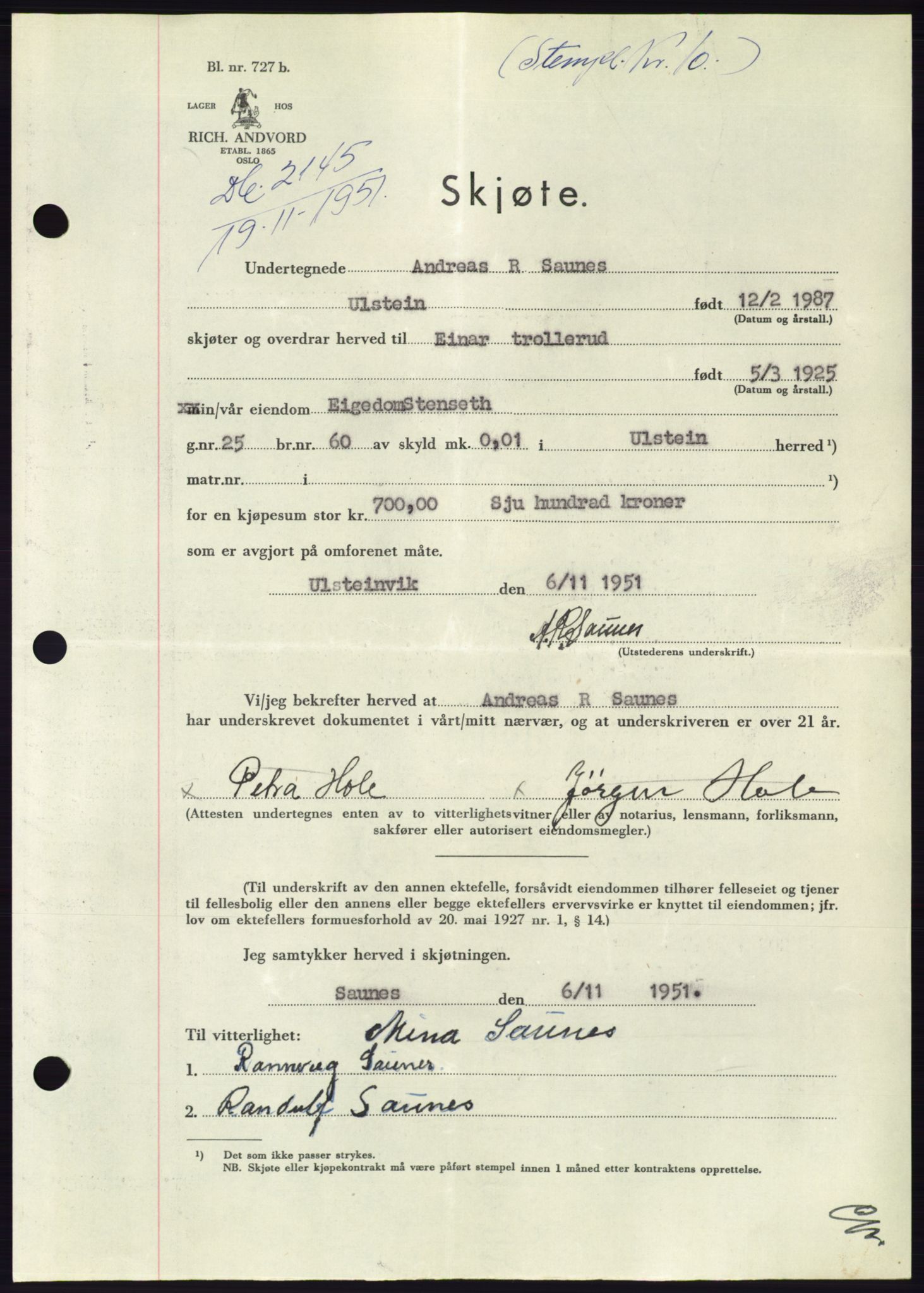 Søre Sunnmøre sorenskriveri, AV/SAT-A-4122/1/2/2C/L0090: Pantebok nr. 16A, 1951-1951, Dagboknr: 2145/1951