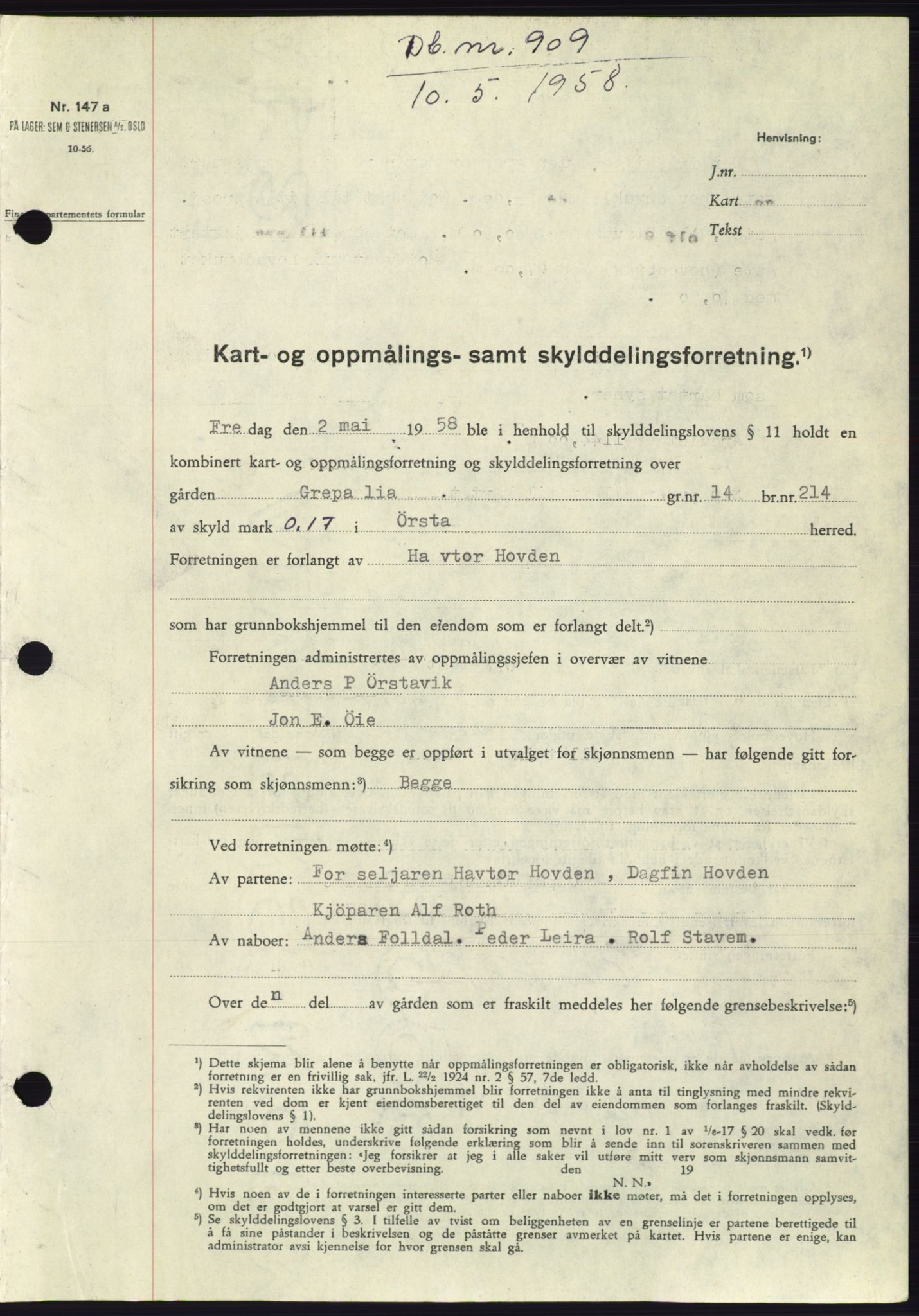Søre Sunnmøre sorenskriveri, SAT/A-4122/1/2/2C/L0109: Pantebok nr. 35A, 1958-1958, Dagboknr: 909/1958
